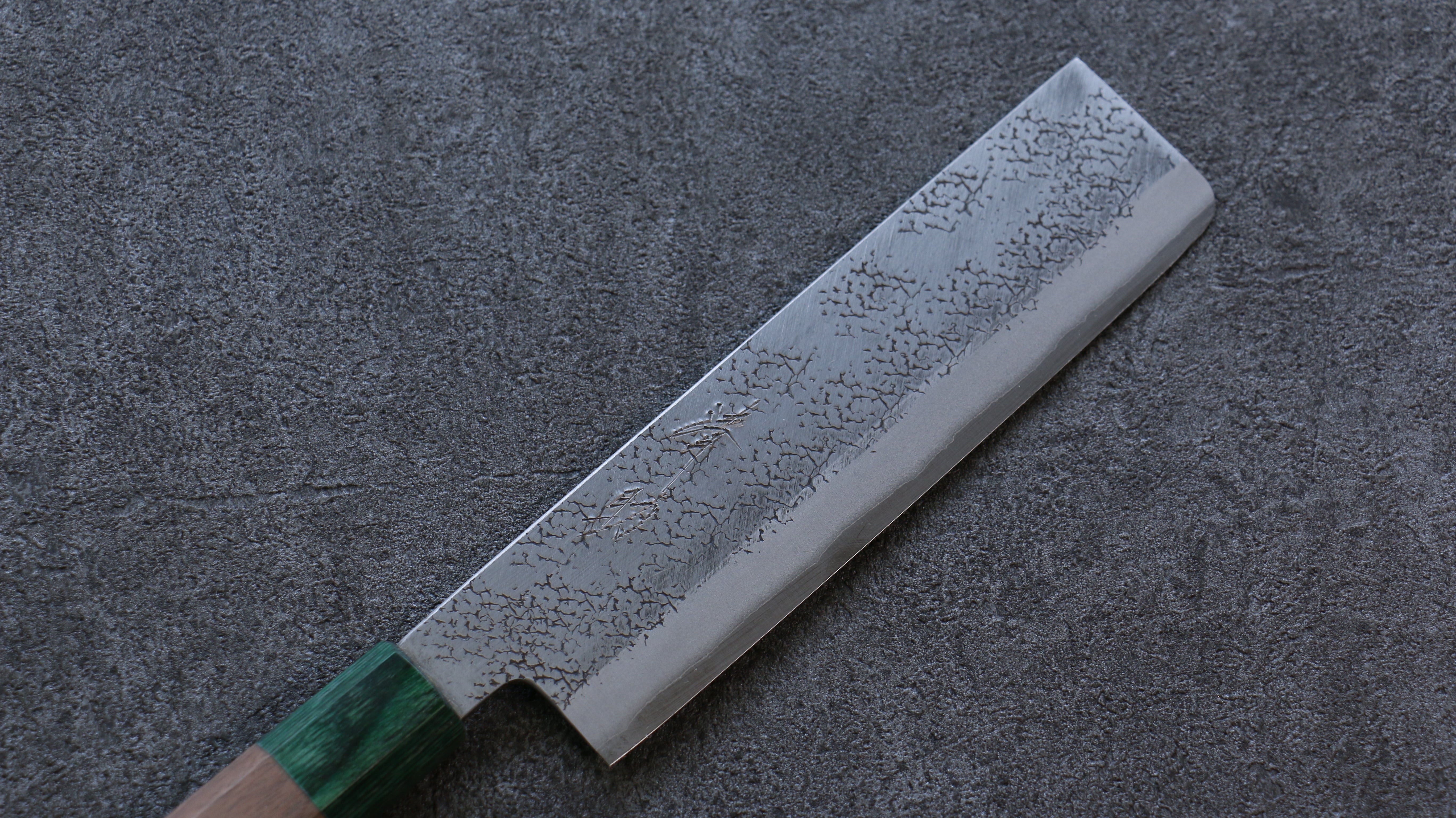 Seisuke Blue Super Hammered Nakiri 165mm Walnut (With Double Green Pakka wood) Handle - Seisuke Knife