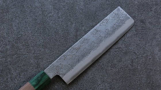 Seisuke Blue Super Hammered Nakiri 165mm Walnut (With Double Green Pakka wood) Handle - Seisuke Knife