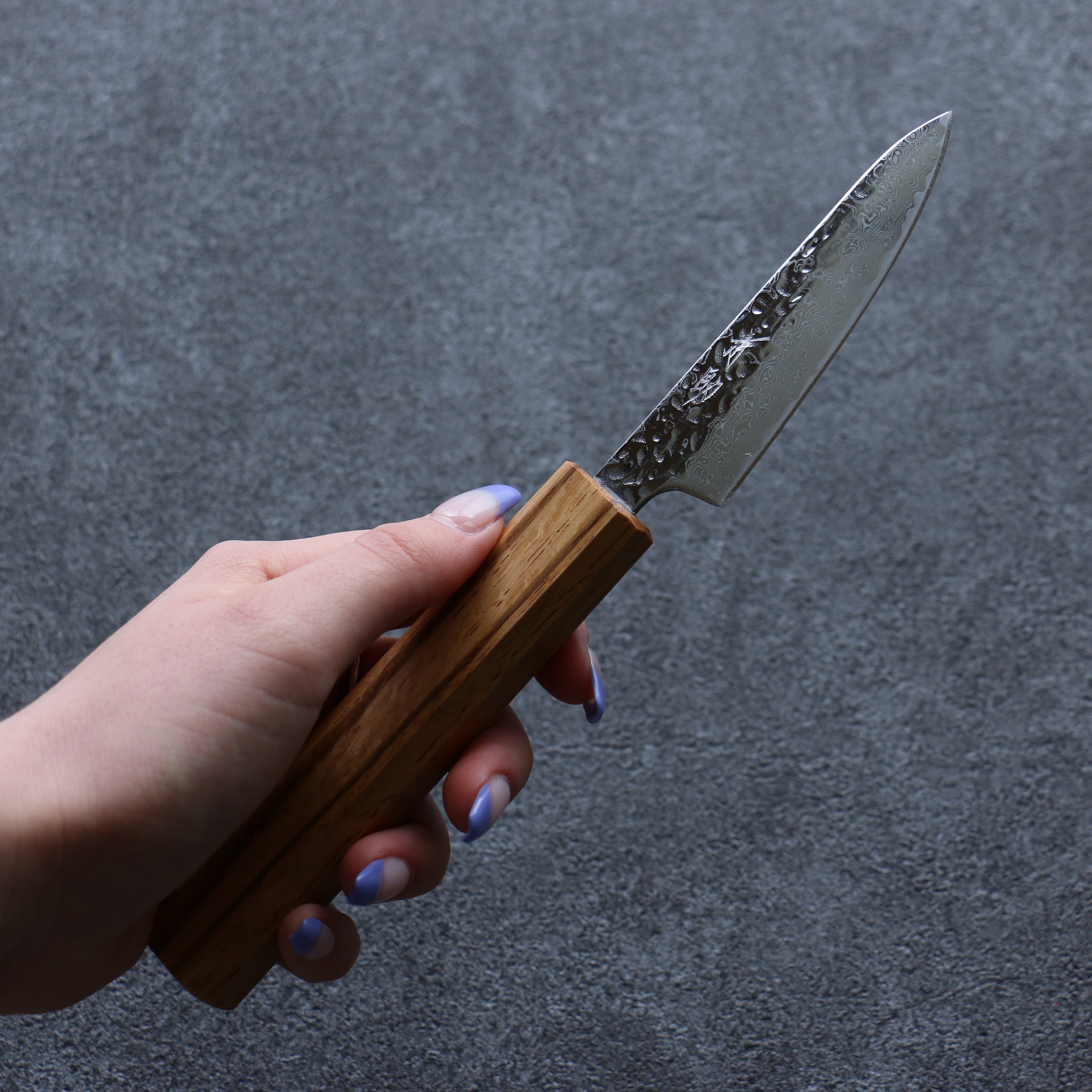 Seisuke Tsukikage AUS10 Migaki Hammered Damascus Petty-Utility 80mm Oak Handle - Seisuke Knife