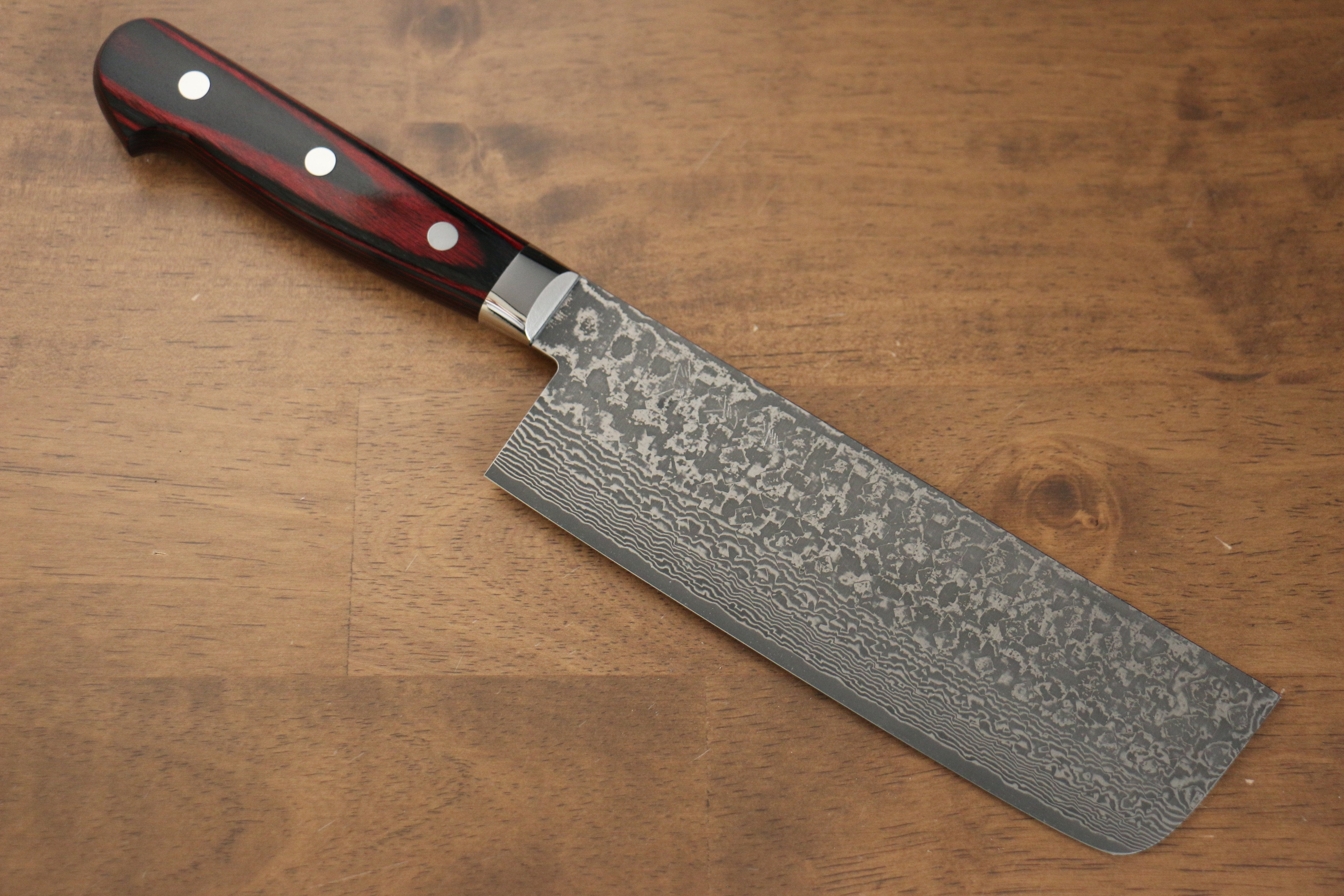 Yoshimi Kato VG10 Damascus Nakiri 165mm with Red Pakkawood Handle - Seisuke Knife