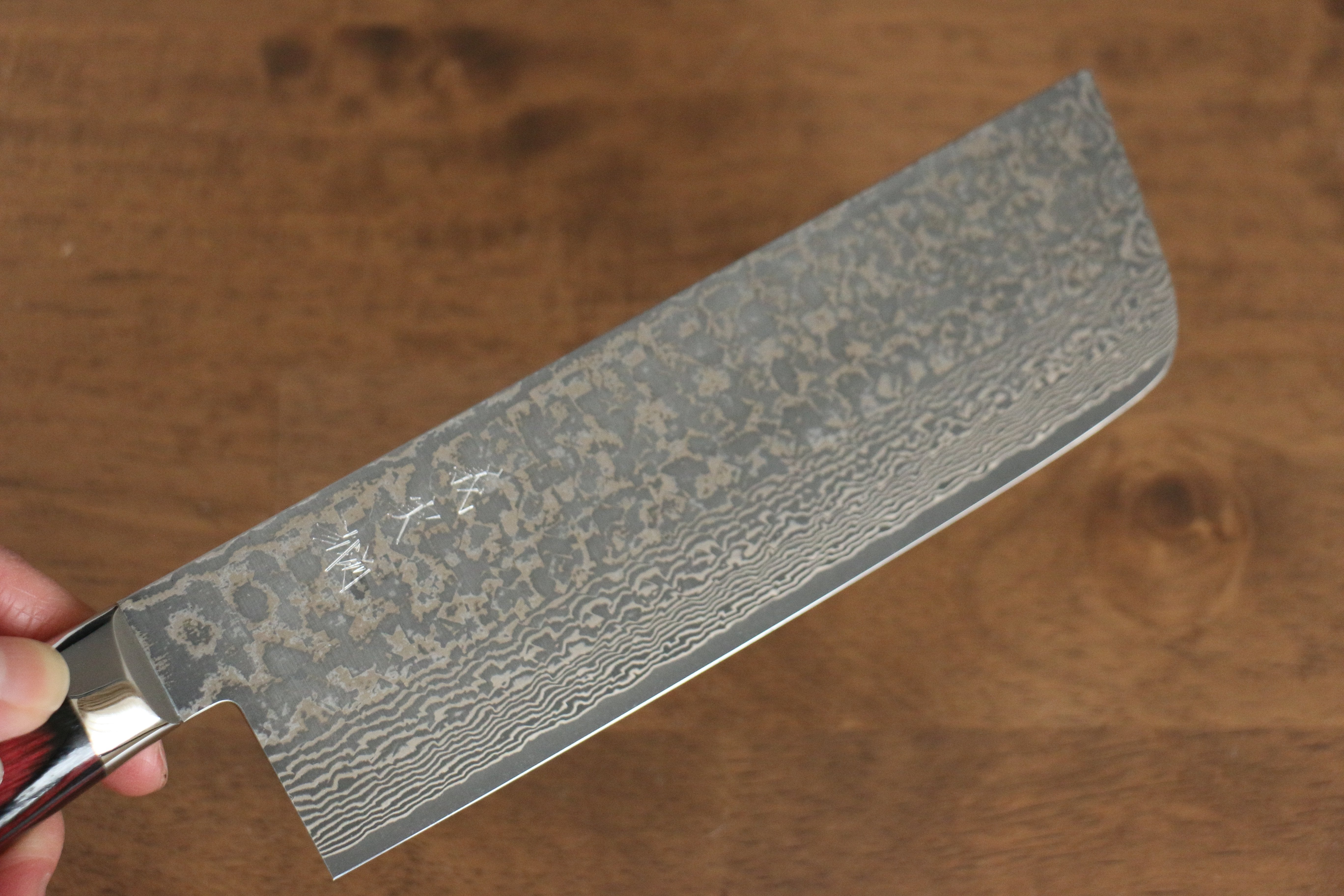 Yoshimi Kato VG10 Damascus Nakiri 165mm with Red Pakkawood Handle - Seisuke Knife