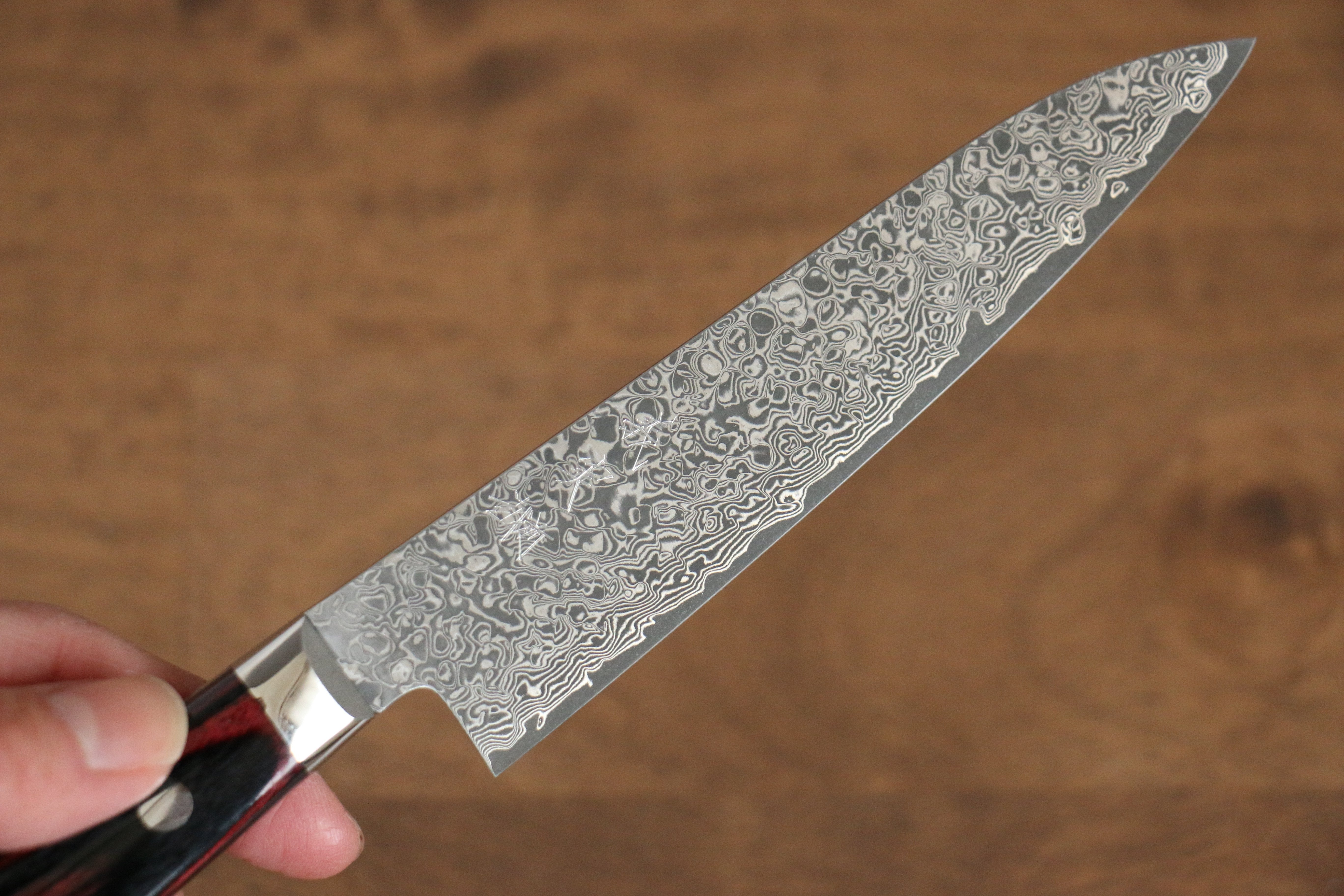 Yoshimi Kato VG10 Damascus Petty-Utility 120mm Red Pakka wood Handle - Seisuke Knife