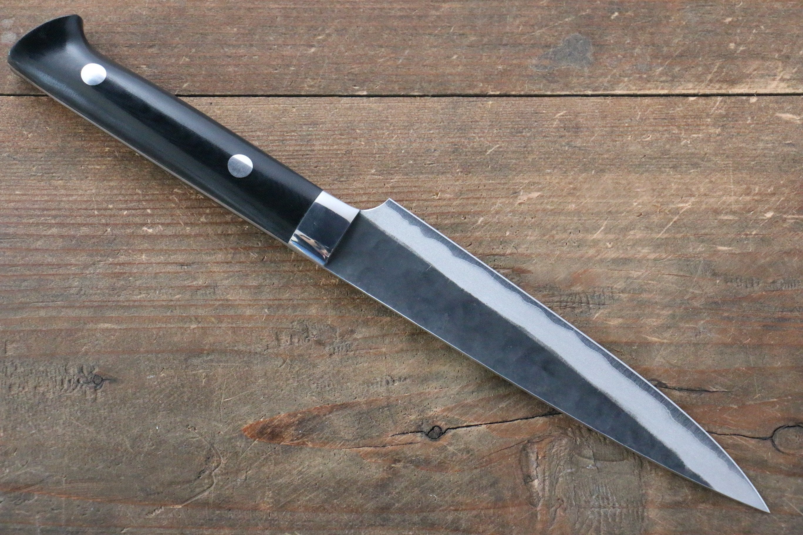 Takeshi Saji Blue Super Kurouchi Hammered Petty-Utility 135mm Black Micarta Handle - Seisuke Knife