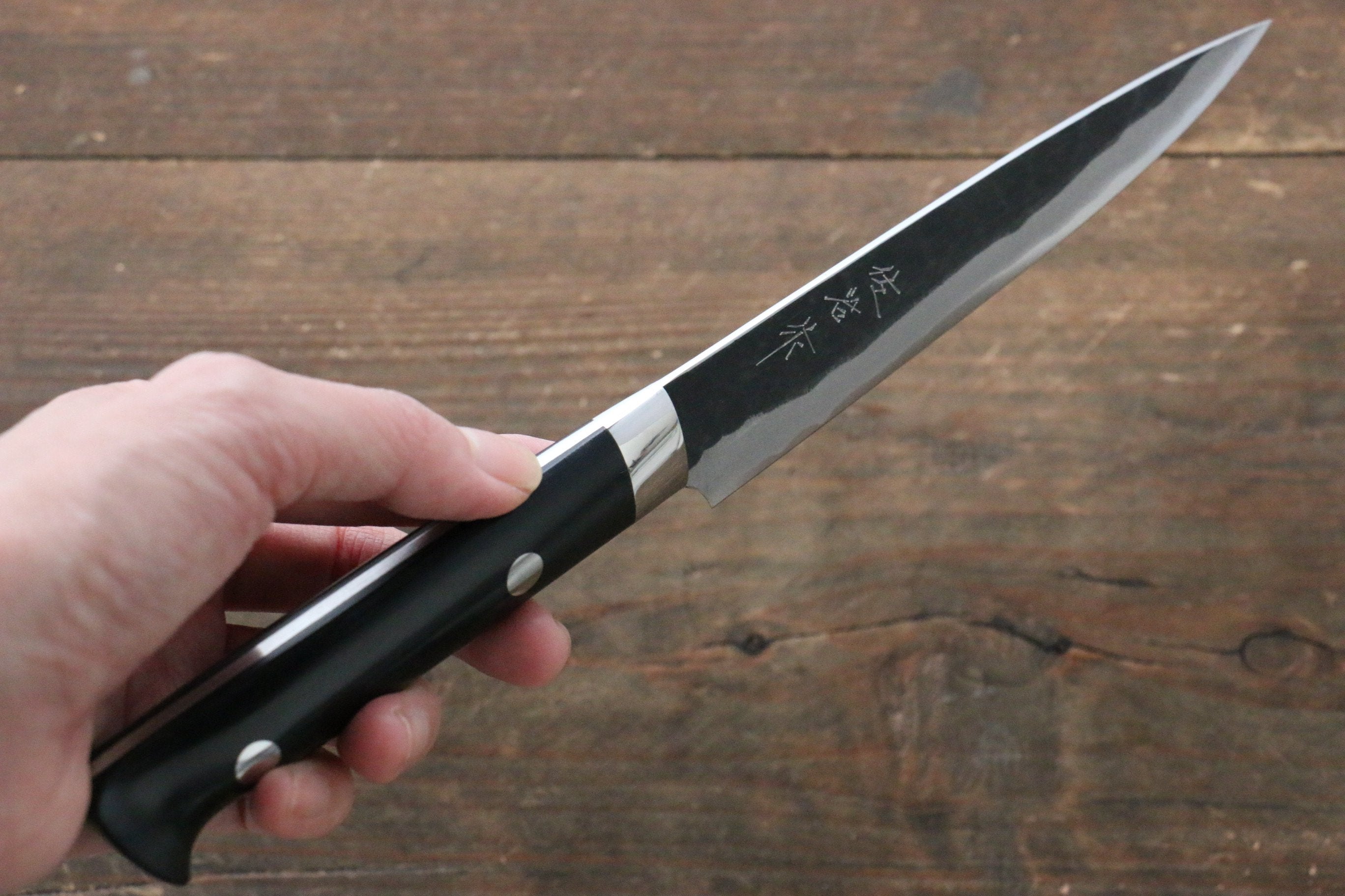 Takeshi Saji Blue Super Kurouchi Hammered Petty-Utility 135mm Black Micarta Handle - Seisuke Knife