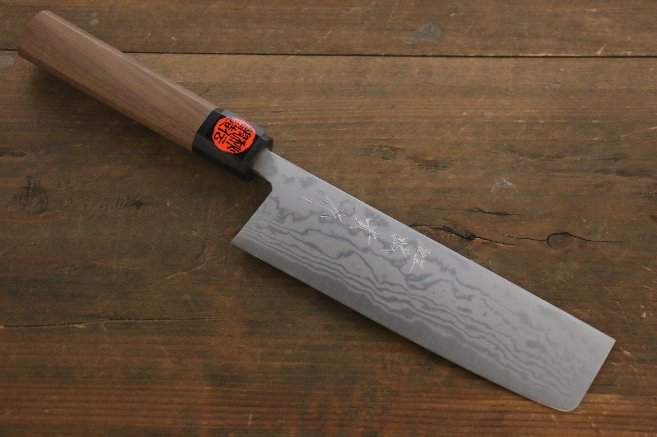 Shigeki Tanaka Blue Steel No.2 Damascus Nakiri 165mm Walnut Handle - Seisuke Knife