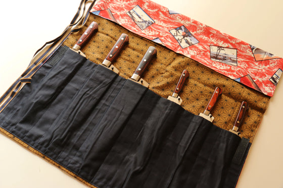 Japanese Style Knife Roll - Hokusai Red with Plain Black Pocket (7 Pockets) - Seisuke Knife