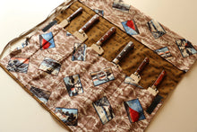  Japanese Style Knife Roll - Hokusai Brown with Patterned Pocket (7 Pockets) - Seisuke Knife