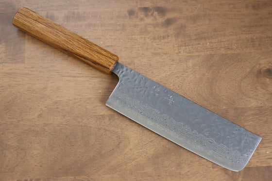 Seisuke Tsukikage AUS10 Migaki Finished Hammered Damascus Nakiri 170mm Oak Handle - Seisuke Knife