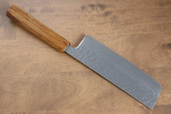 Seisuke Tsukikage AUS10 Migaki Finished Hammered Damascus Nakiri 170mm Oak Handle - Seisuke Knife