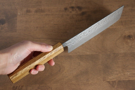 Seisuke Tsukikage AUS10 Migaki Finished Hammered Damascus Nakiri 170mm Oak Handle - Seisuke Knife