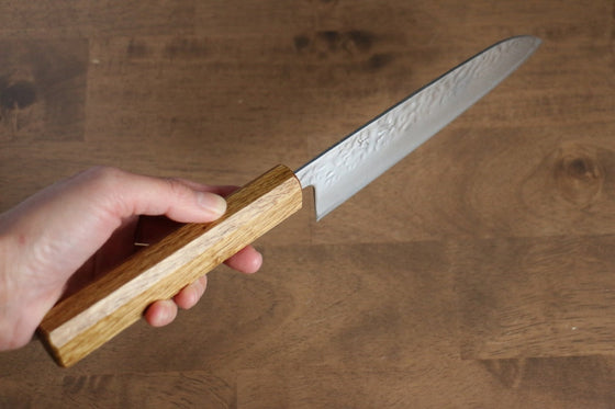 Seisuke Tsukikage AUS10 Migaki Finished Hammered Damascus Santoku 170mm Oak Handle - Seisuke Knife