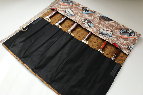 Japanese Style Knife Roll - Hokusai Brown with Plain Black Pocket (7 Pockets) - Seisuke Knife
