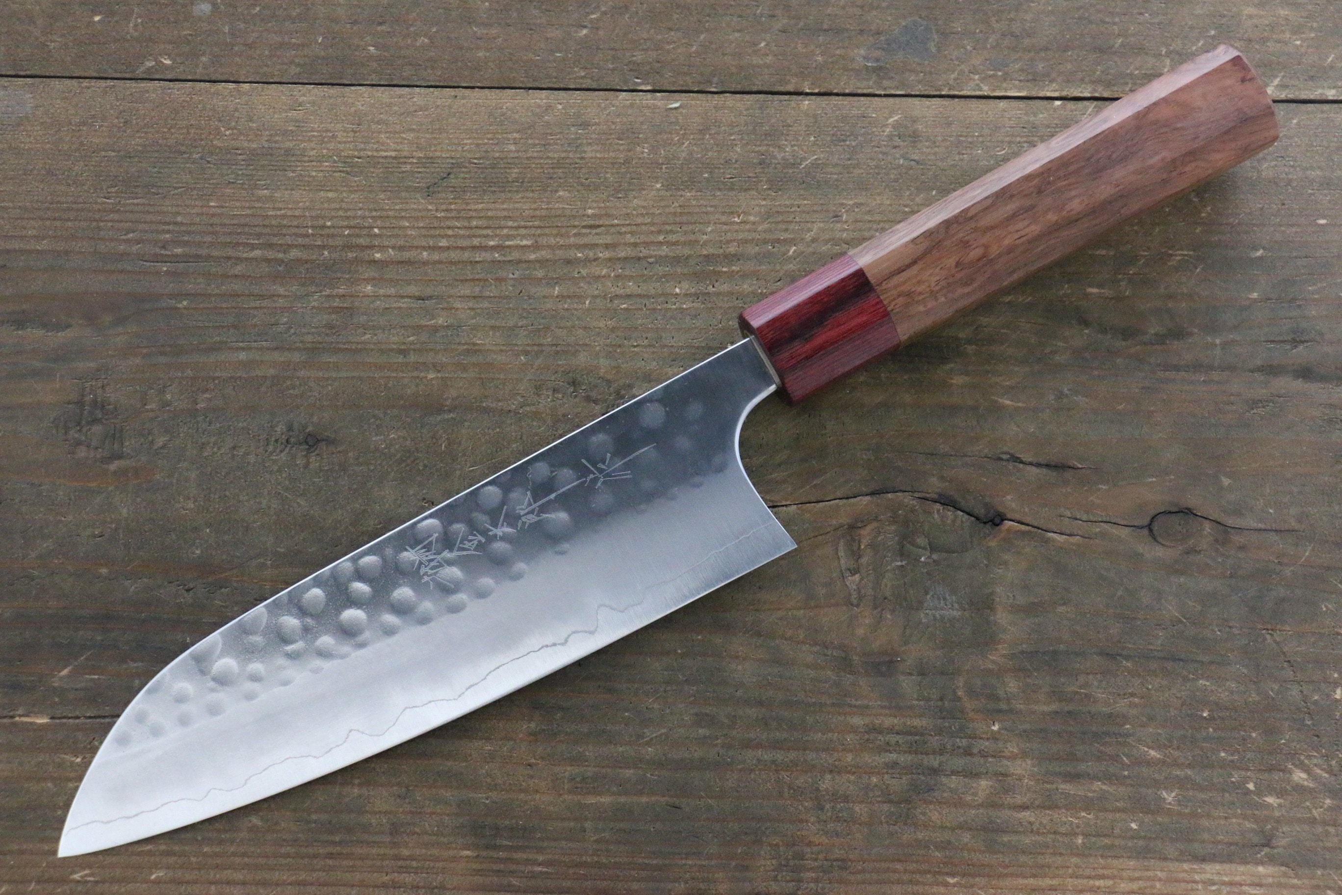 Yoshimi Kato Silver Steel No.3 Hammered Santoku Japanese Chef Knife 165mm with Red Honduras Handle - Seisuke Knife