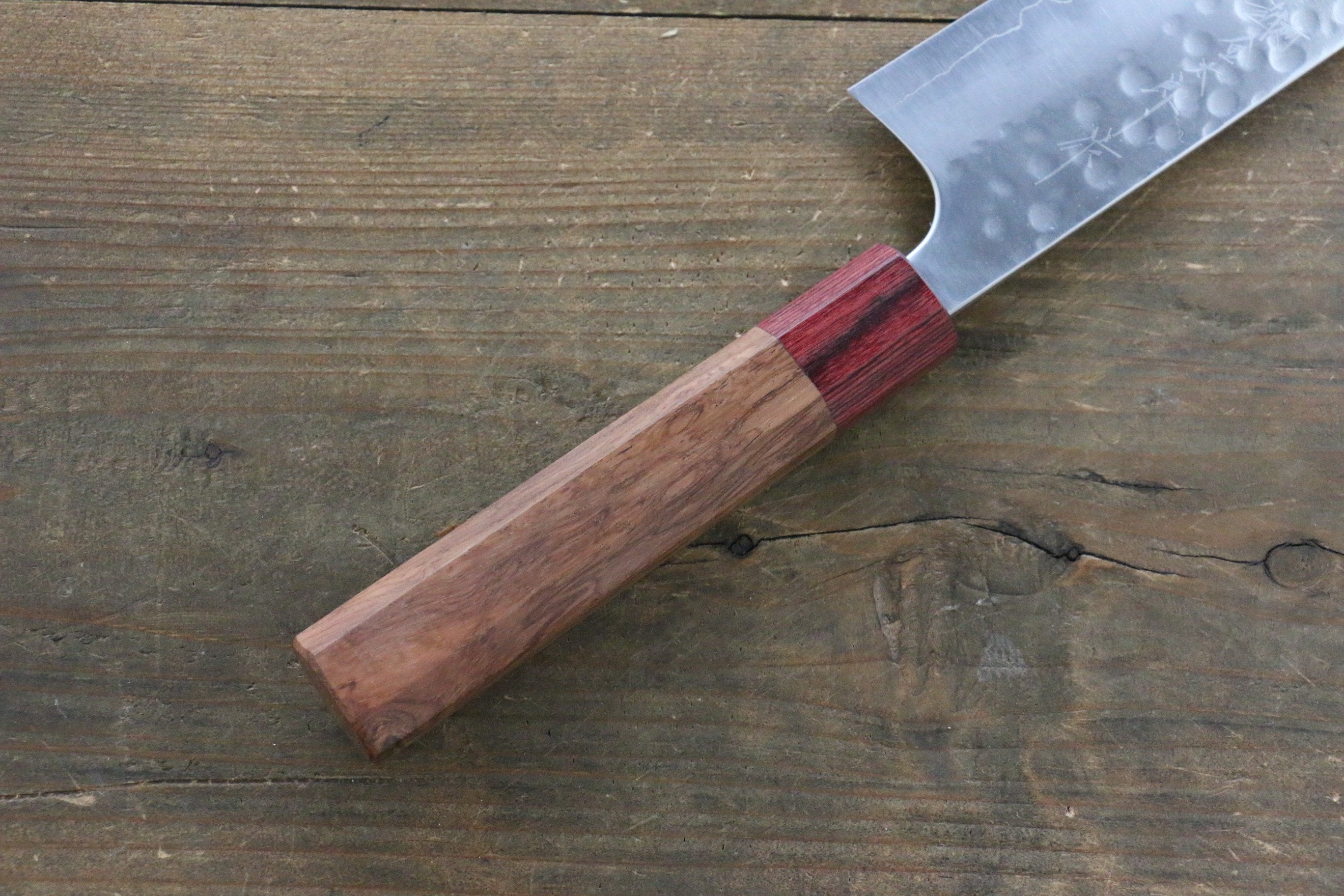Yoshimi Kato Silver Steel No.3 Hammered Santoku Japanese Chef Knife 165mm with Red Honduras Handle - Seisuke Knife