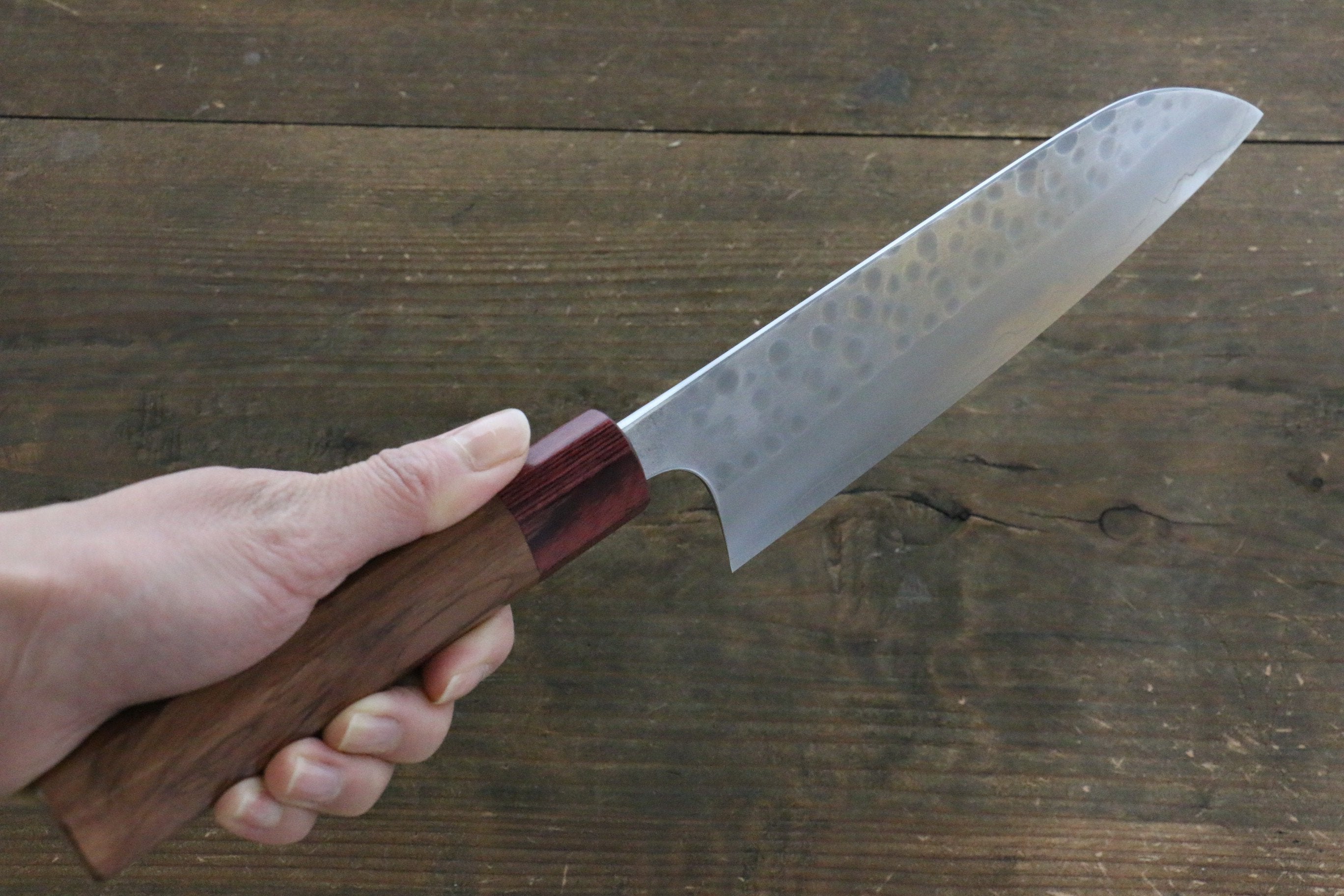 Yoshimi Kato Silver Steel No.3 Hammered Santoku Japanese Chef Knife 165mm with Red Honduras Handle - Seisuke Knife