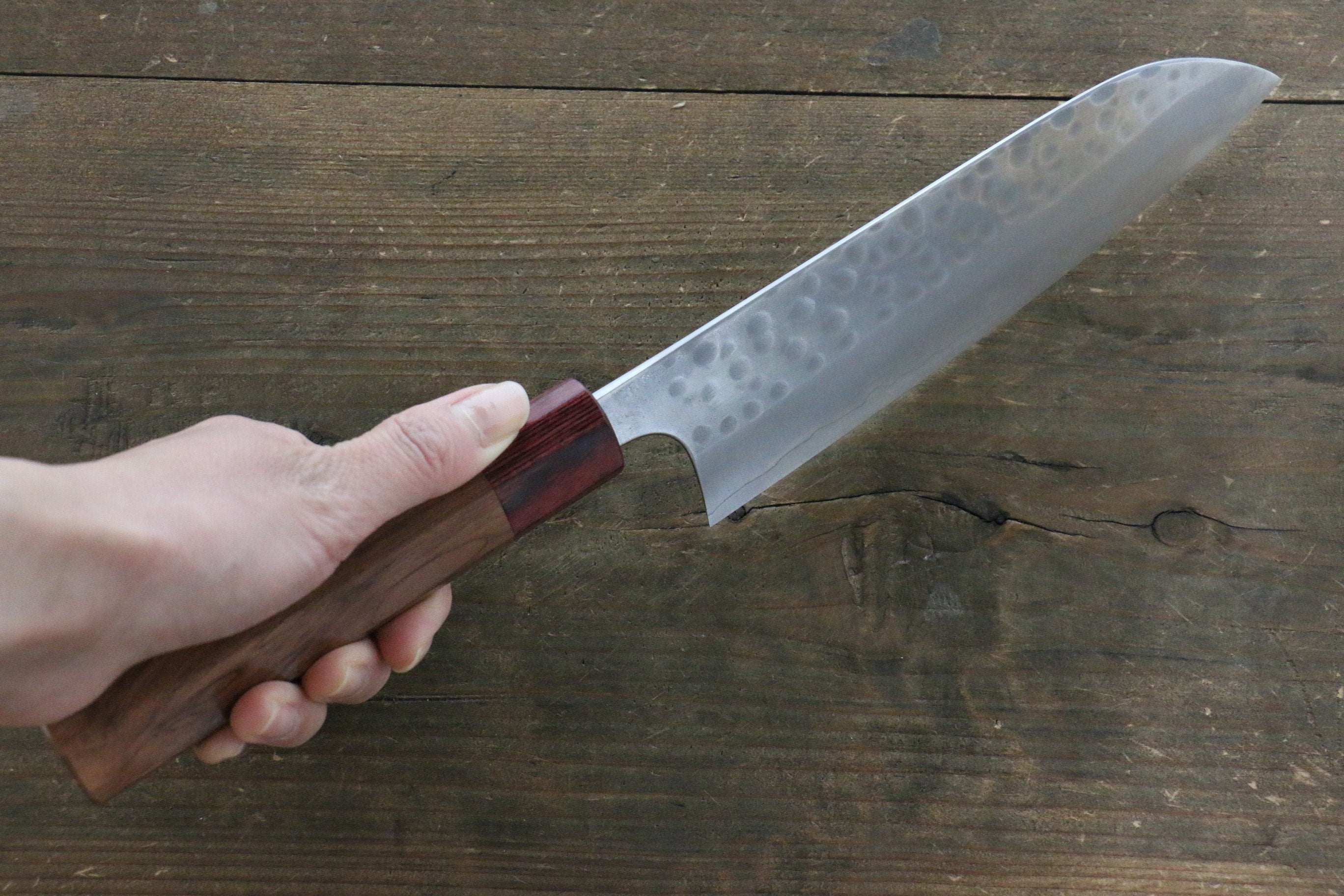 Yoshimi Kato Silver Steel No.3 Hammered Santoku Japanese Chef Knife 165mm with Red Honduras Handle - Seisuke Knife