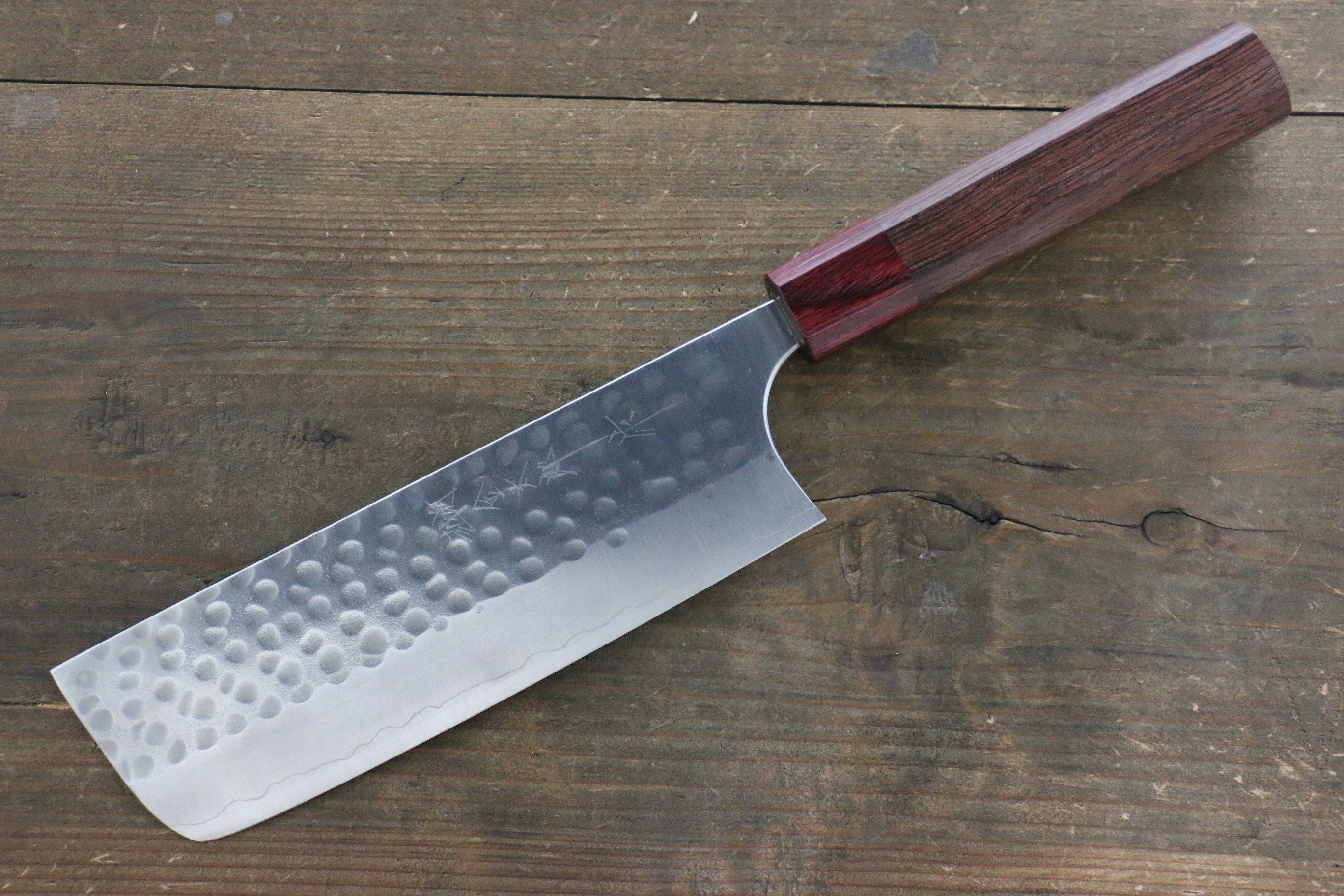 Yoshimi Kato Silver Steel No.3 Hammered Nakiri Japanese Chef Knife 165mm with Red Honduras Handle - Seisuke Knife