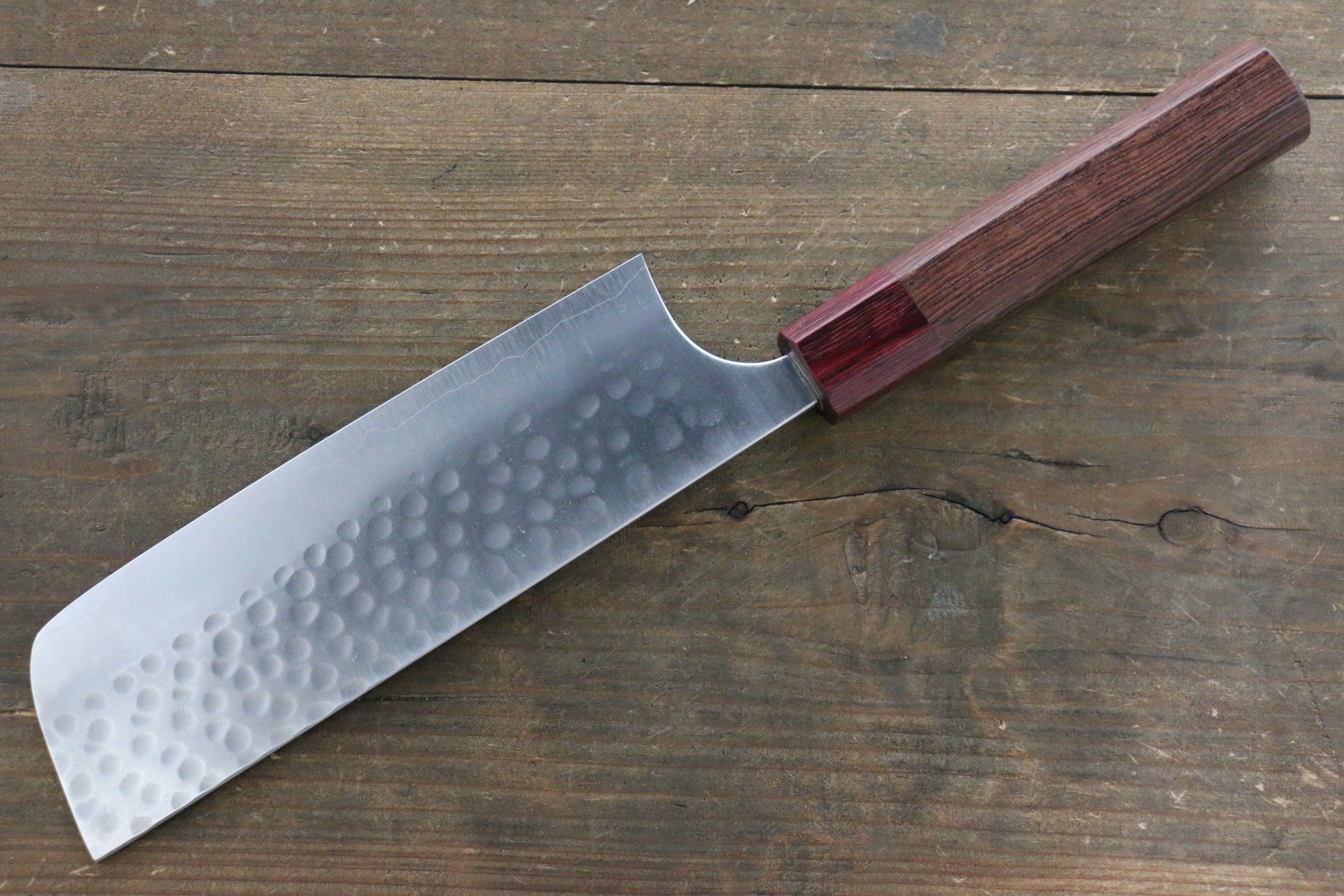 Yoshimi Kato Silver Steel No.3 Hammered Nakiri Japanese Chef Knife 165mm with Red Honduras Handle - Seisuke Knife