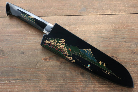 Takeshi Saji Blue Steel No.2 Colored Damascus Maki-e Art Fujisan Santoku 180mm Lacquered Handle - Seisuke Knife