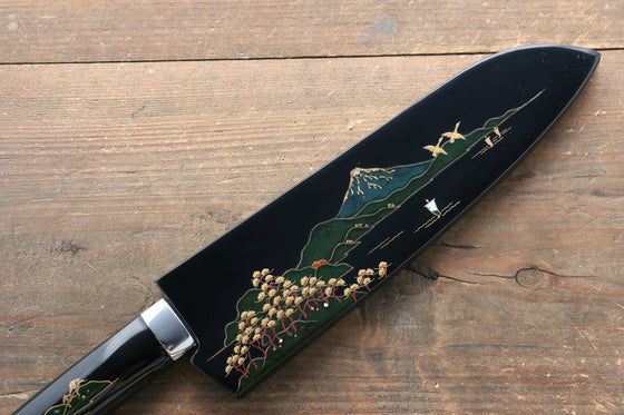 Takeshi Saji Blue Steel No.2 Colored Damascus Maki-e Art Fujisan Santoku 180mm Lacquered Handle - Seisuke Knife