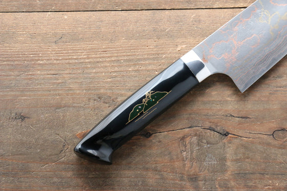 Takeshi Saji Blue Steel No.2 Colored Damascus Maki-e Art Fujisan Santoku 180mm Lacquered Handle - Seisuke Knife