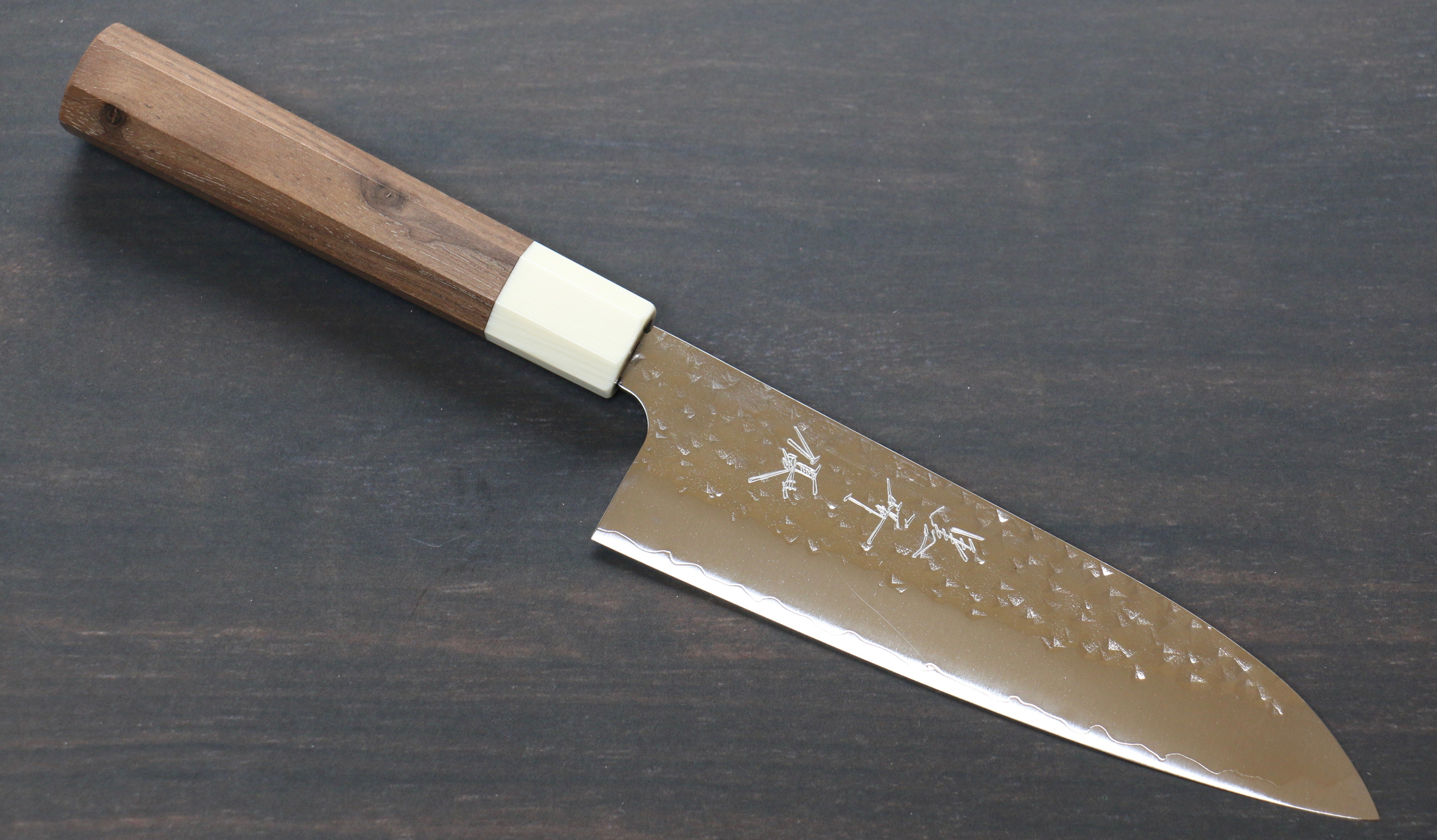 Yu Kurosaki Senko Ryu SG2 Hammered Small Santoku 150mm Walnut (Ferrule: White Resin) Handle - Seisuke Knife