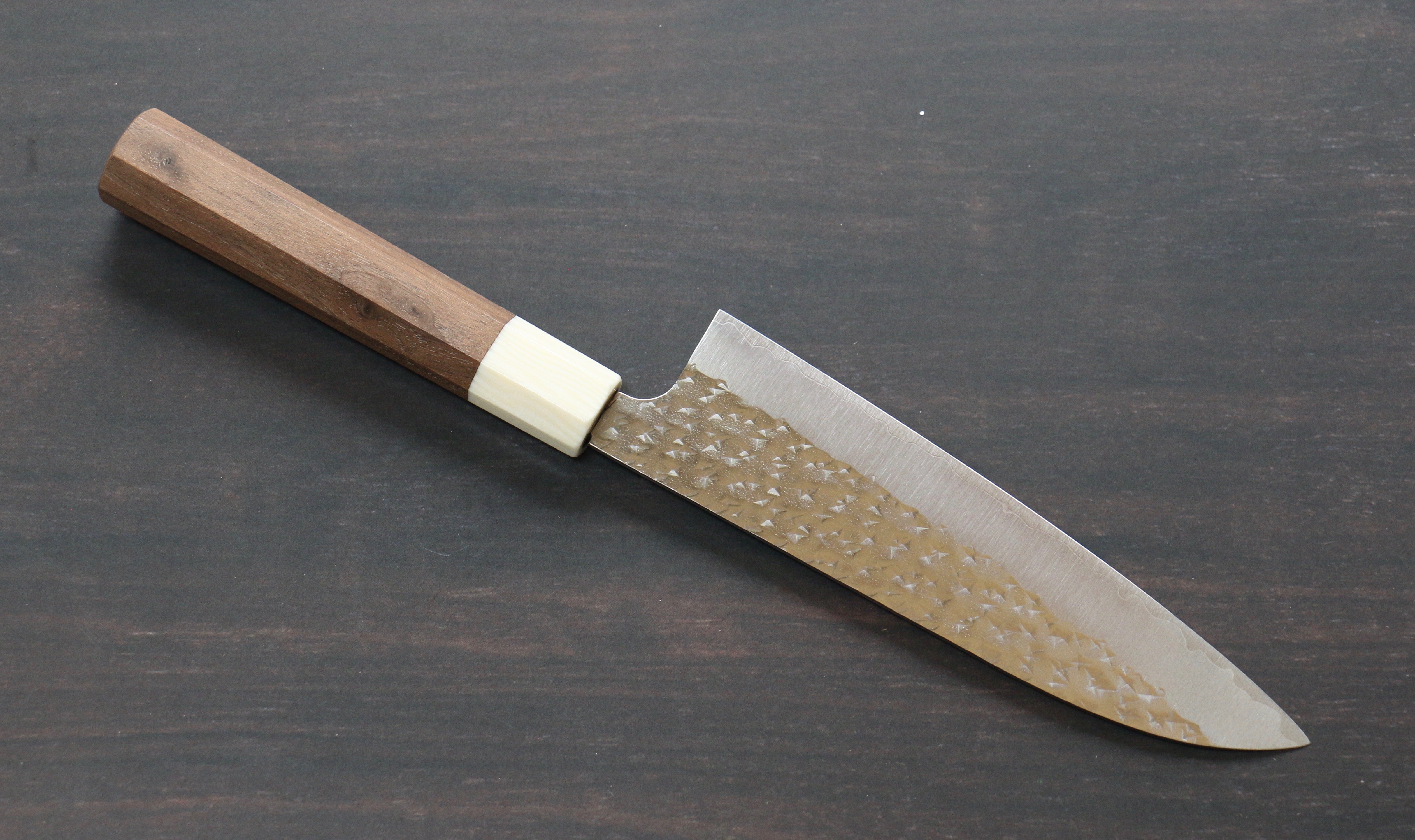 Yu Kurosaki Senko Ryu SG2 Hammered Small Santoku 150mm Walnut (Ferrule: White Resin) Handle - Seisuke Knife