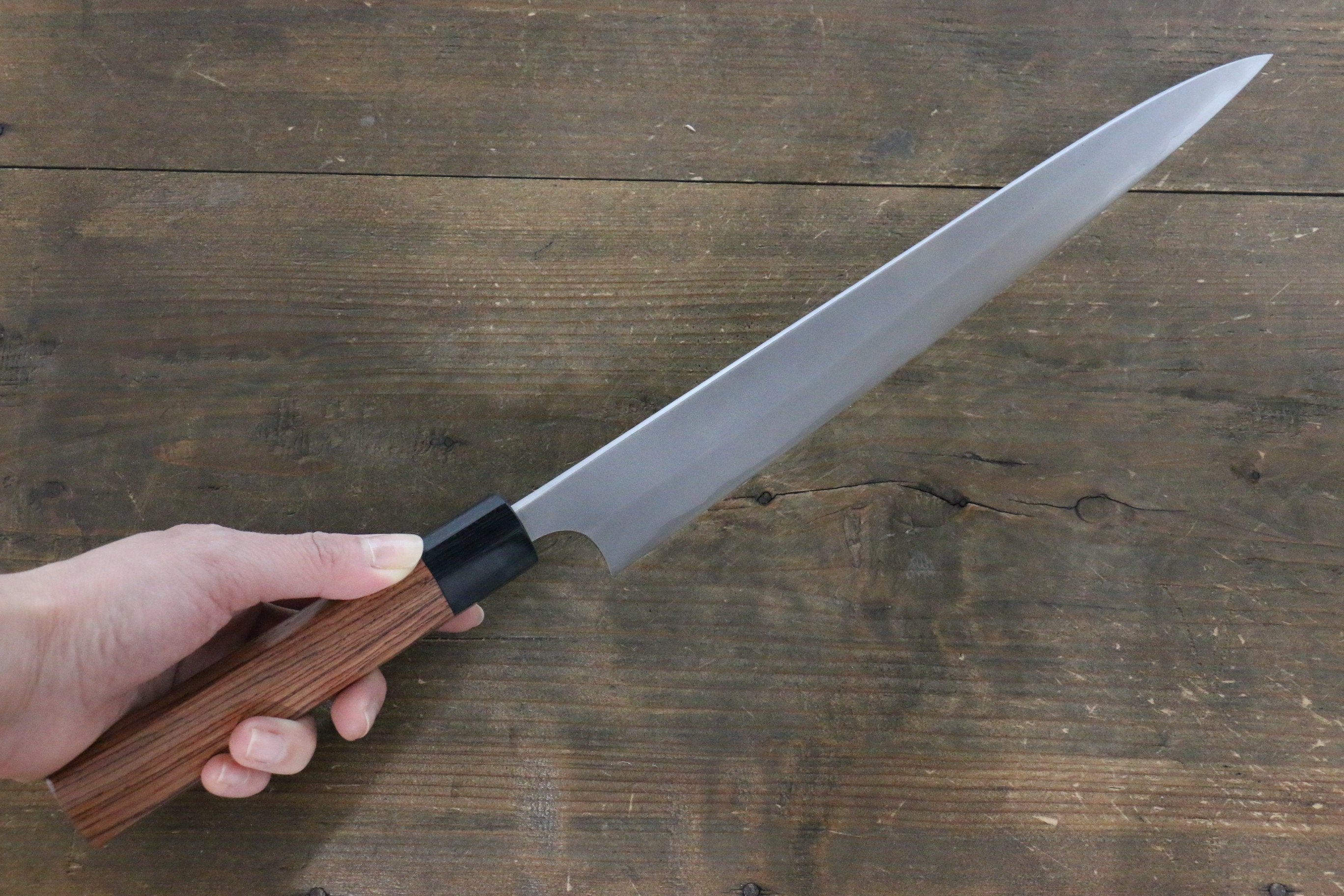 Yoshimi Kato Blue Super Clad Nashiji Sujihiki-Slicer Japanese Chef Knife 270mm with Black Honduras Handle - Seisuke Knife