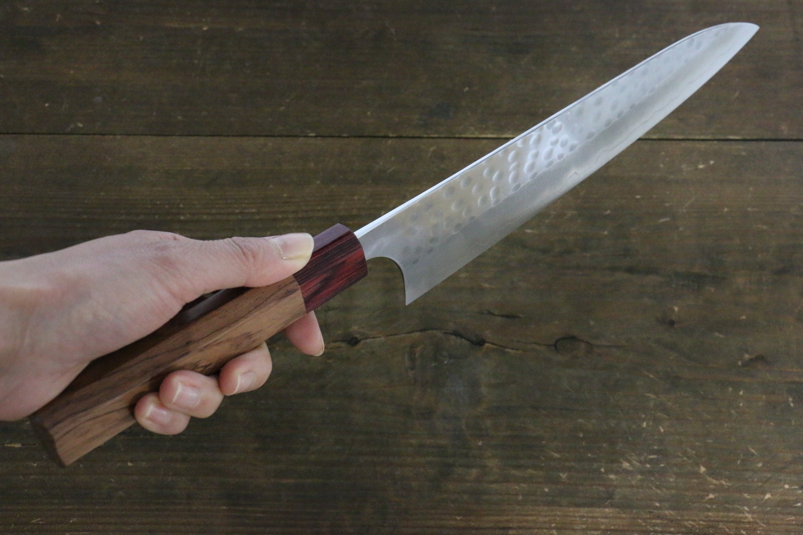 Yoshimi Kato Silver Steel No.3 Hammered Gyuto Japanese Chef Knife 210mm with Red Honduras Handle - Seisuke Knife