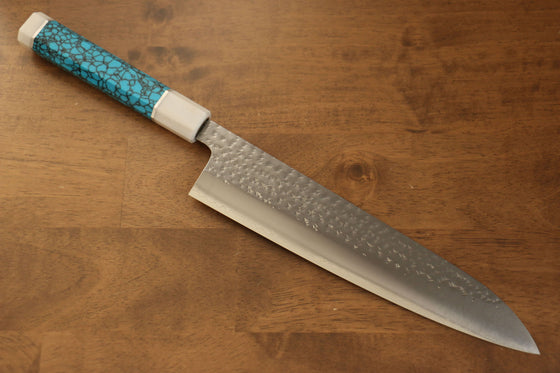 Yu Kurosaki Senko SG2 Hammered Gyuto 240mm Turquoise(With Double White Ring) Handle - Seisuke Knife