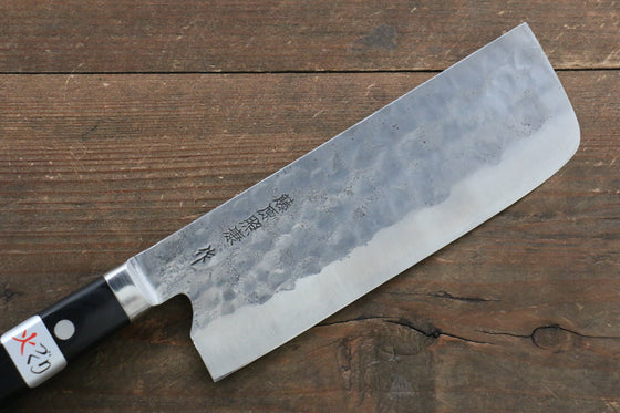 Fujiwara Teruyasu Fujiwara Teruyasu Maboroshi White Steel No.1 Nashiji Hammered Nakiri 165mm with Black Pakka wood Handle - Seisuke Knife