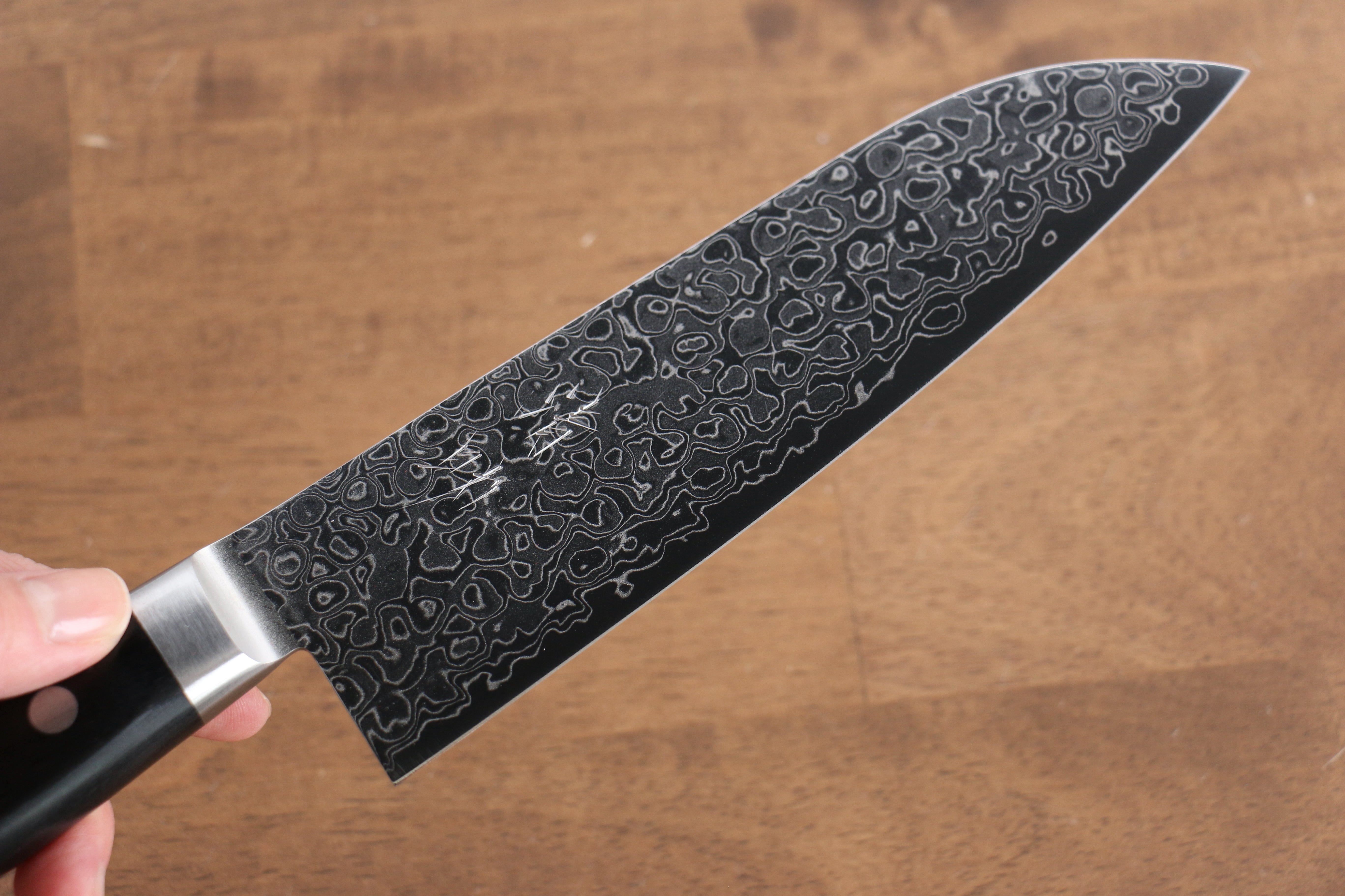 Seisuke AUS10 45 Layer Mirrored Damascus Santoku 170mm Black Pakkawood Handle - Seisuke Knife