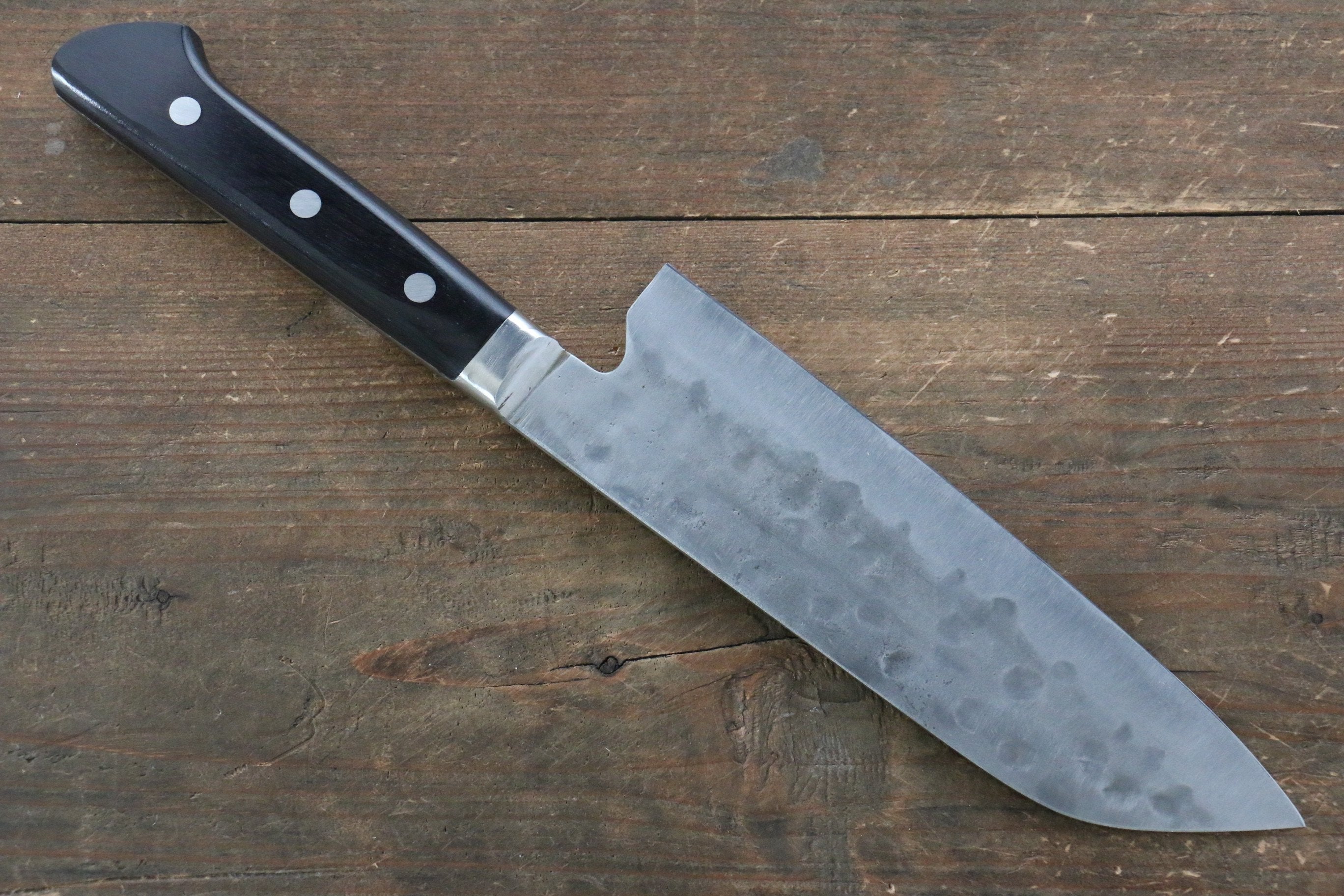 Fujiwara Teruyasu Fujiwara Teruyasu Maboroshi White Steel No.1 Nashiji Hammered Santoku 180mm with Black Pakka wood Handle - Seisuke Knife