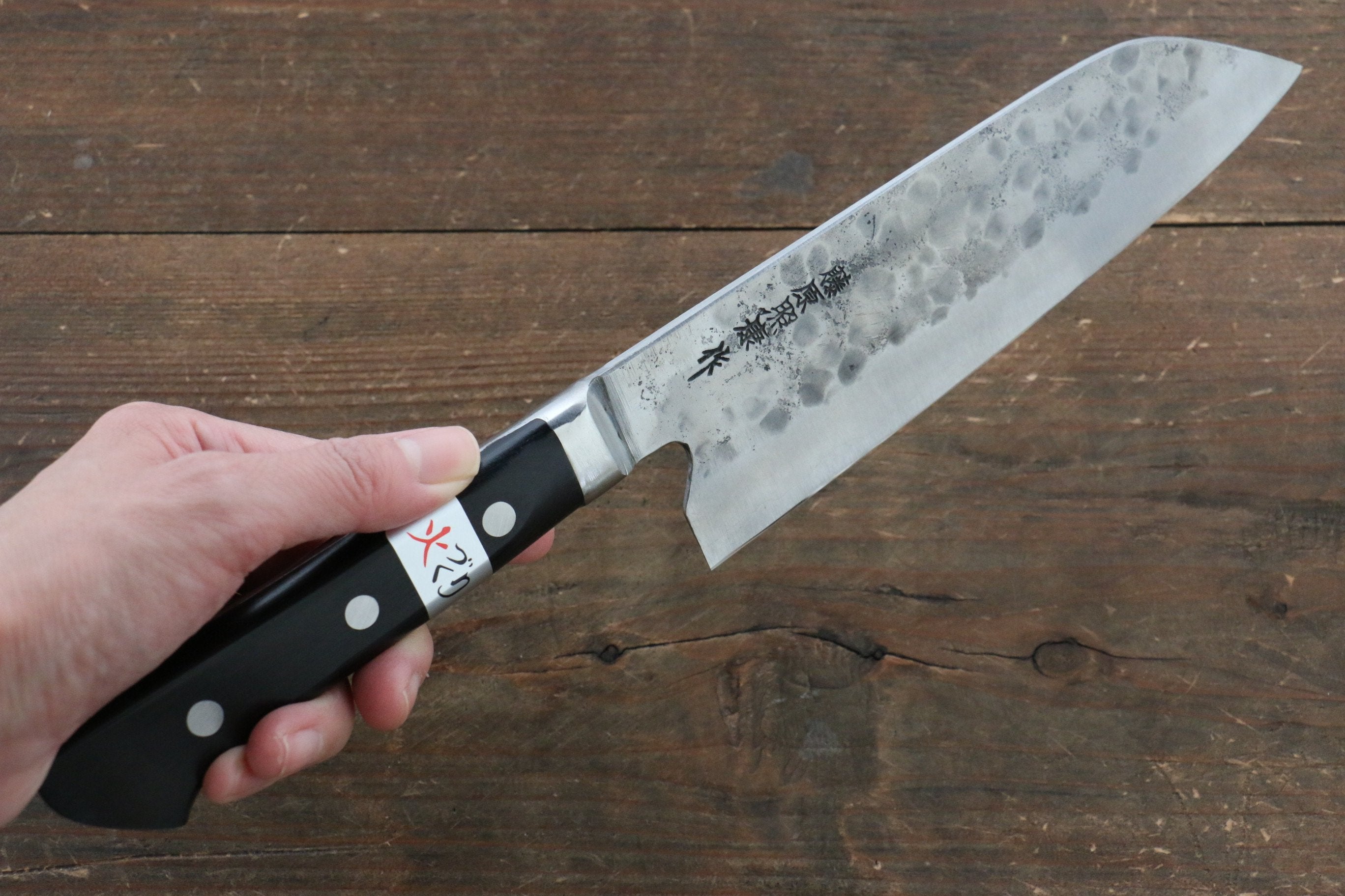 Fujiwara Teruyasu Fujiwara Teruyasu Maboroshi White Steel No.1 Nashiji Hammered Santoku 180mm with Black Pakka wood Handle - Seisuke Knife