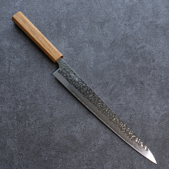 Seisuke Tsukikage AUS10 Migaki Finished Hammered Damascus Sujihiki 270mm Oak Handle - Seisuke Knife