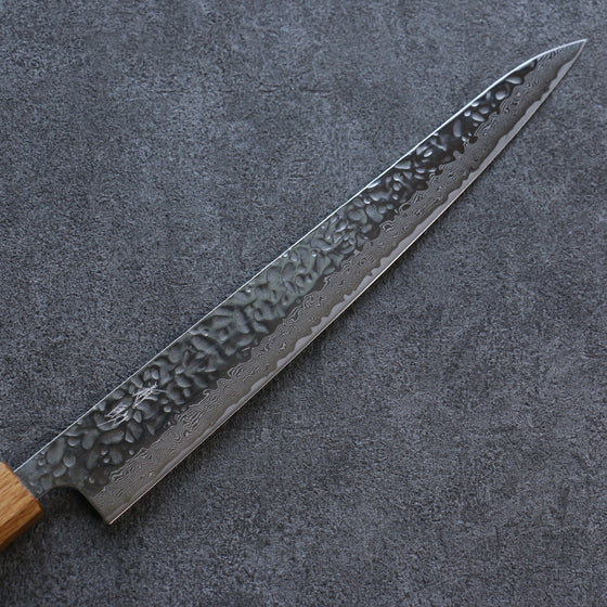 Seisuke Tsukikage AUS10 Migaki Finished Hammered Damascus Sujihiki 270mm Oak Handle - Seisuke Knife
