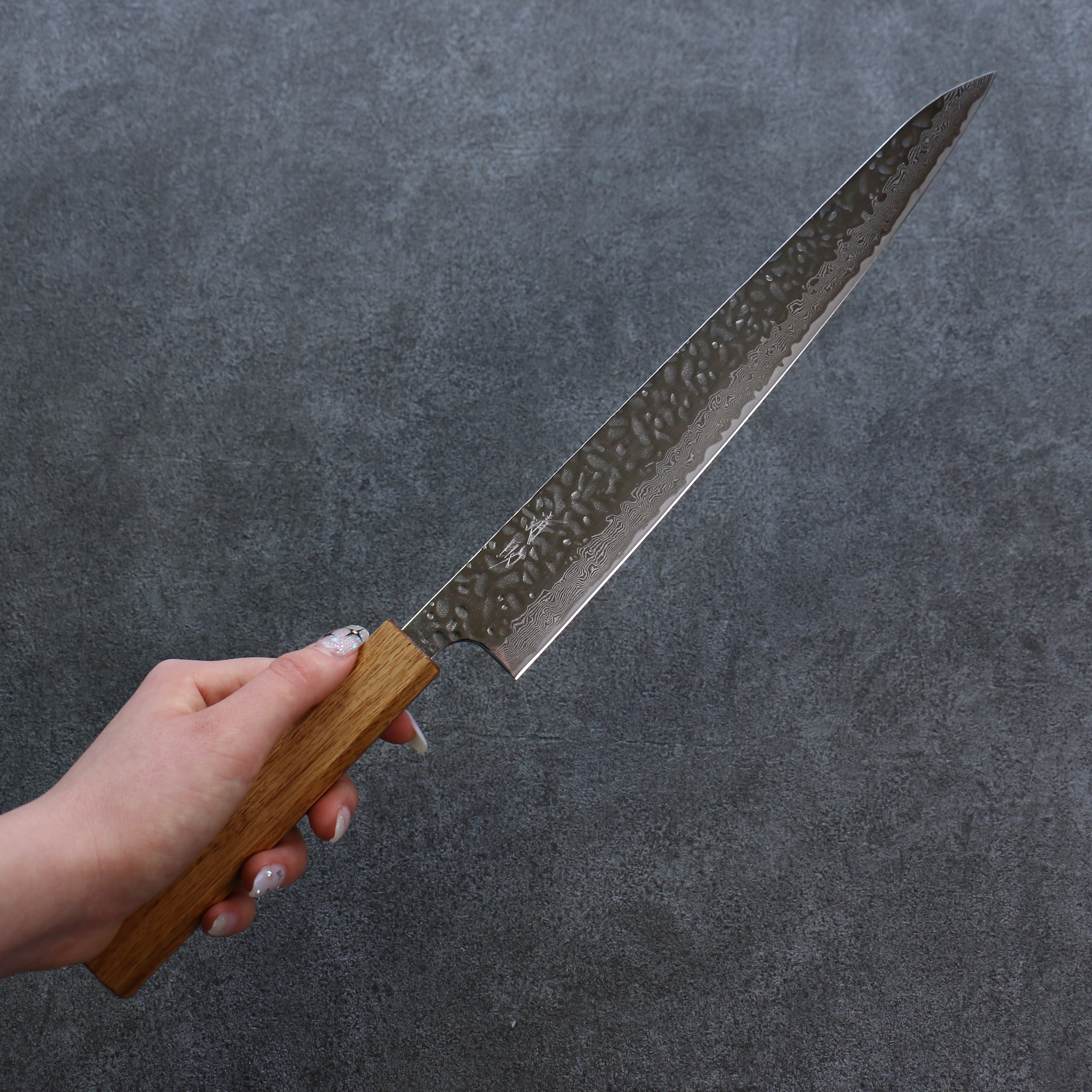 Seisuke Tsukikage AUS10 Migaki Finished Hammered Damascus Sujihiki 270mm Oak Handle - Seisuke Knife