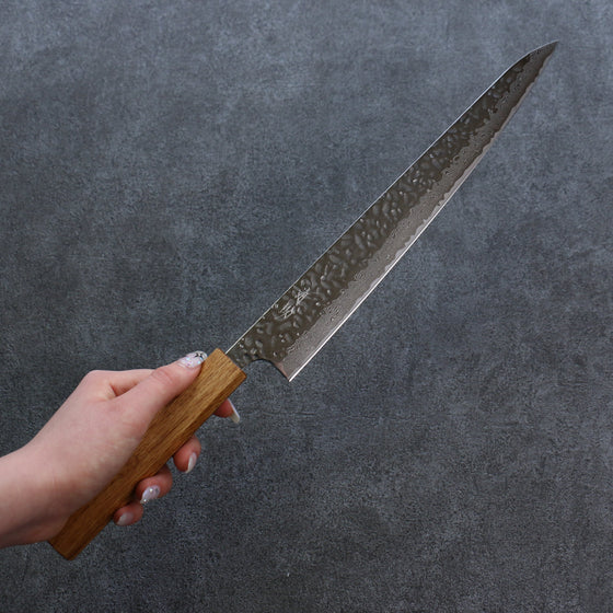 Seisuke Tsukikage AUS10 Migaki Finished Hammered Damascus Sujihiki 270mm Oak Handle - Seisuke Knife