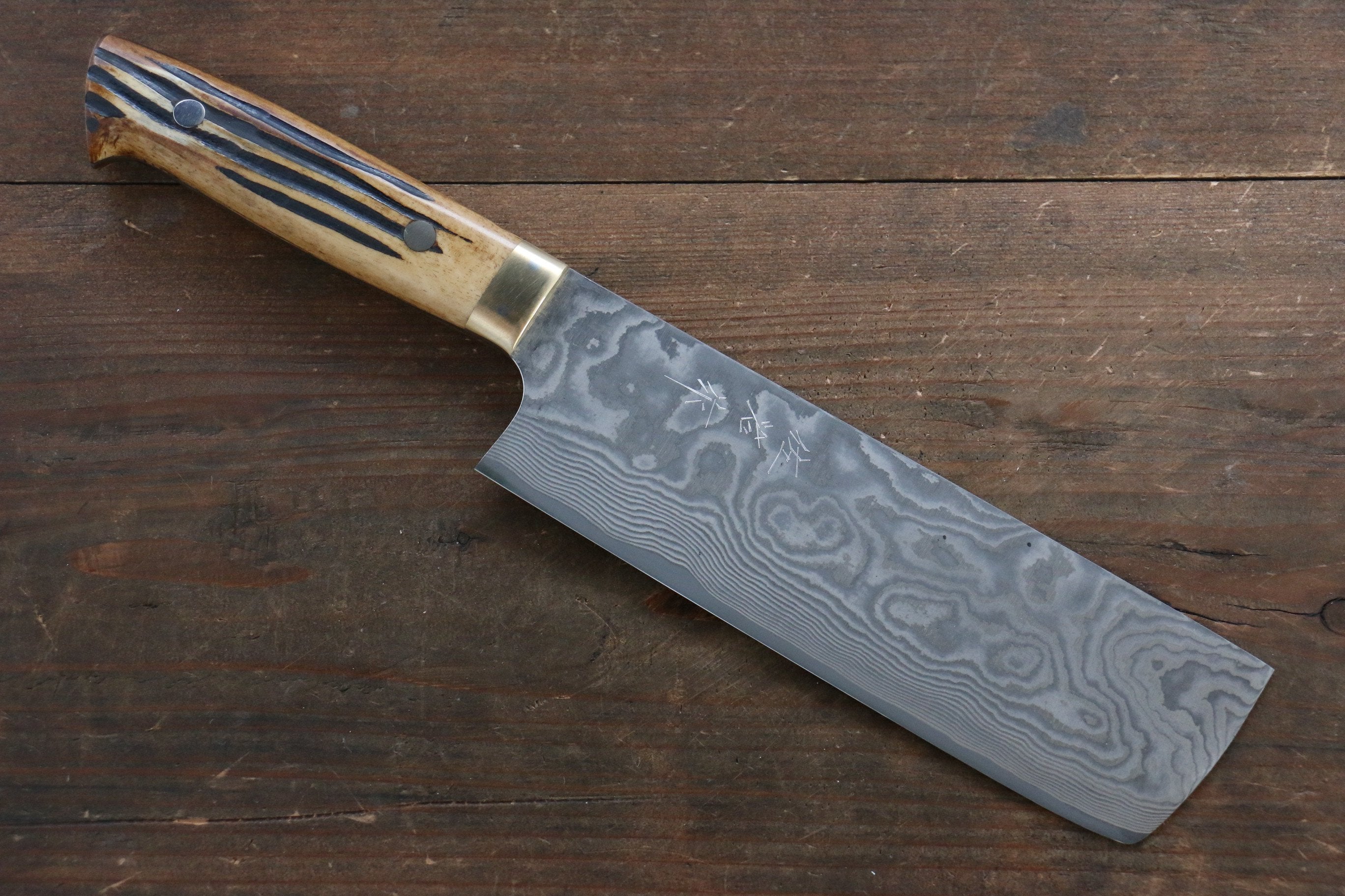 Takeshi Saji VG10 Black Damascus Nakiri  170mm Brown Deer Horn Handle - Seisuke Knife