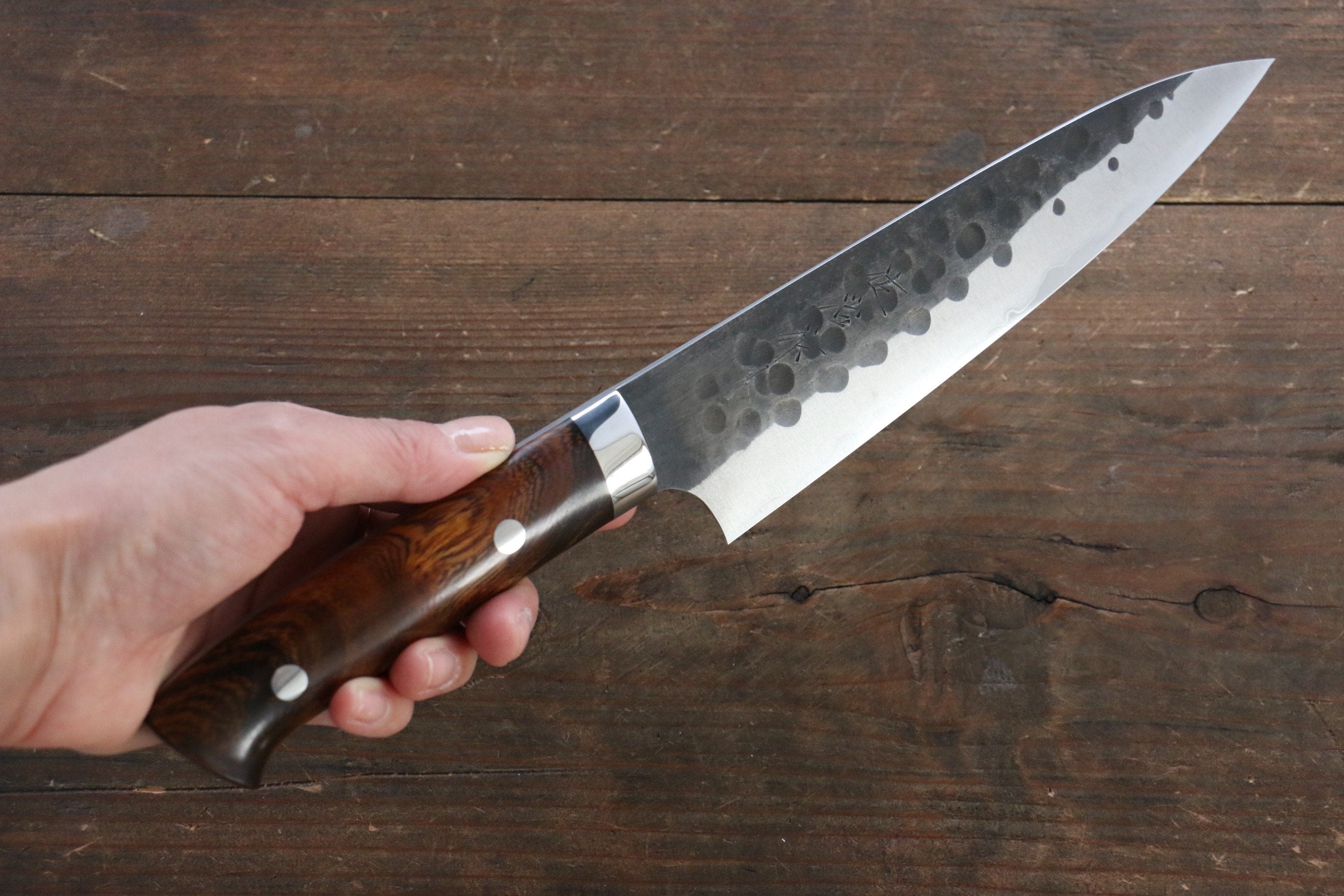 Takeshi Saji Blue Super Hammered Kurouchi Gyuto 180mm Ironwood Handle - Seisuke Knife