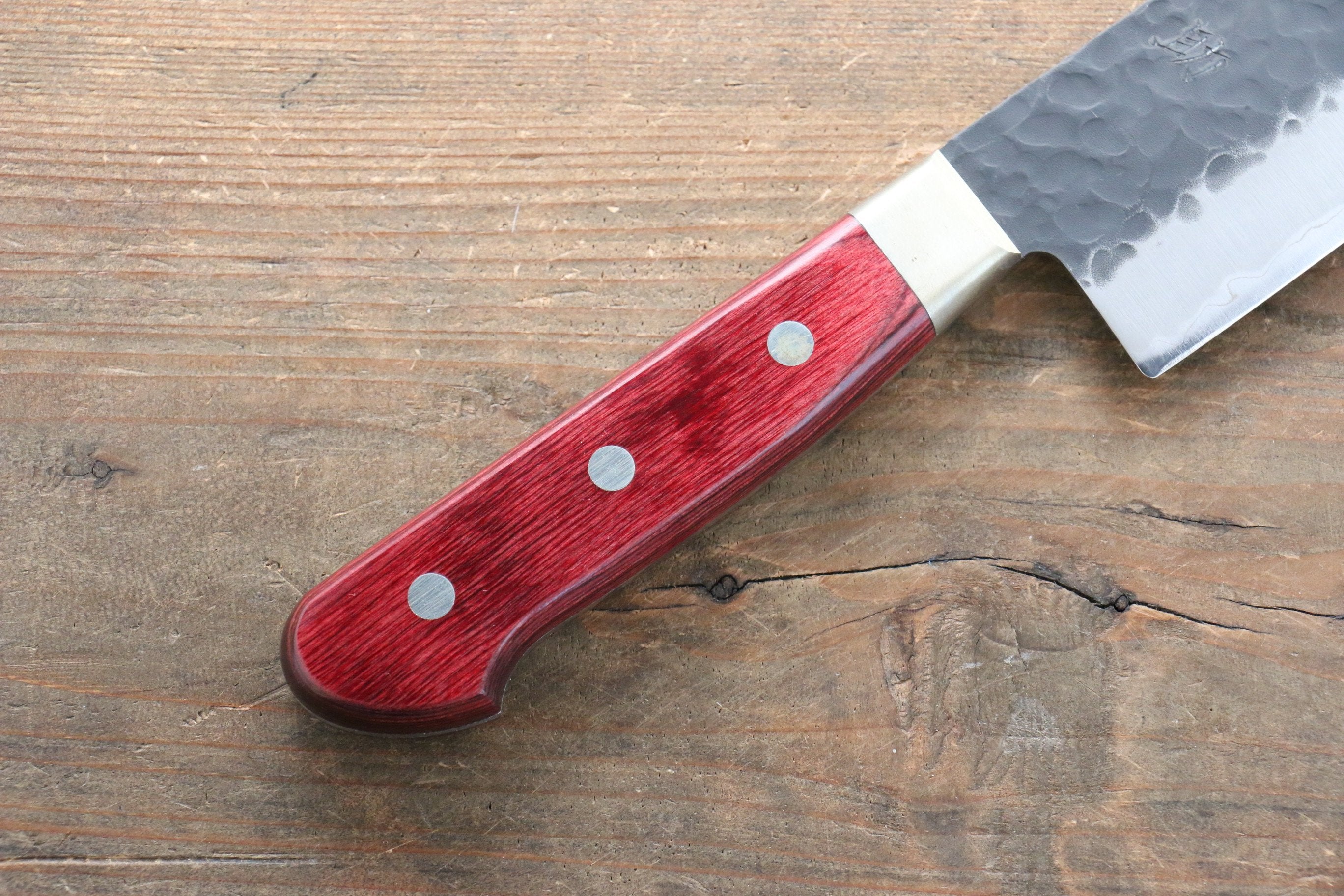 Seisuke Kurobeni Blue Super Hammered Kurouchi Kiritsuke Gyuto 240mm Red Pakka wood Handle - Seisuke Knife