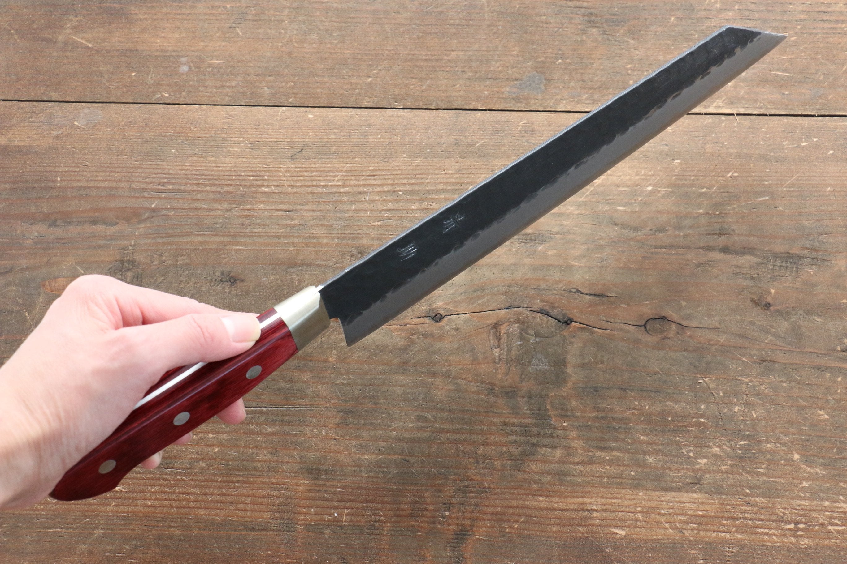 Seisuke Kurobeni Blue Super Hammered Kurouchi Kiritsuke Gyuto 240mm Red Pakka wood Handle - Seisuke Knife