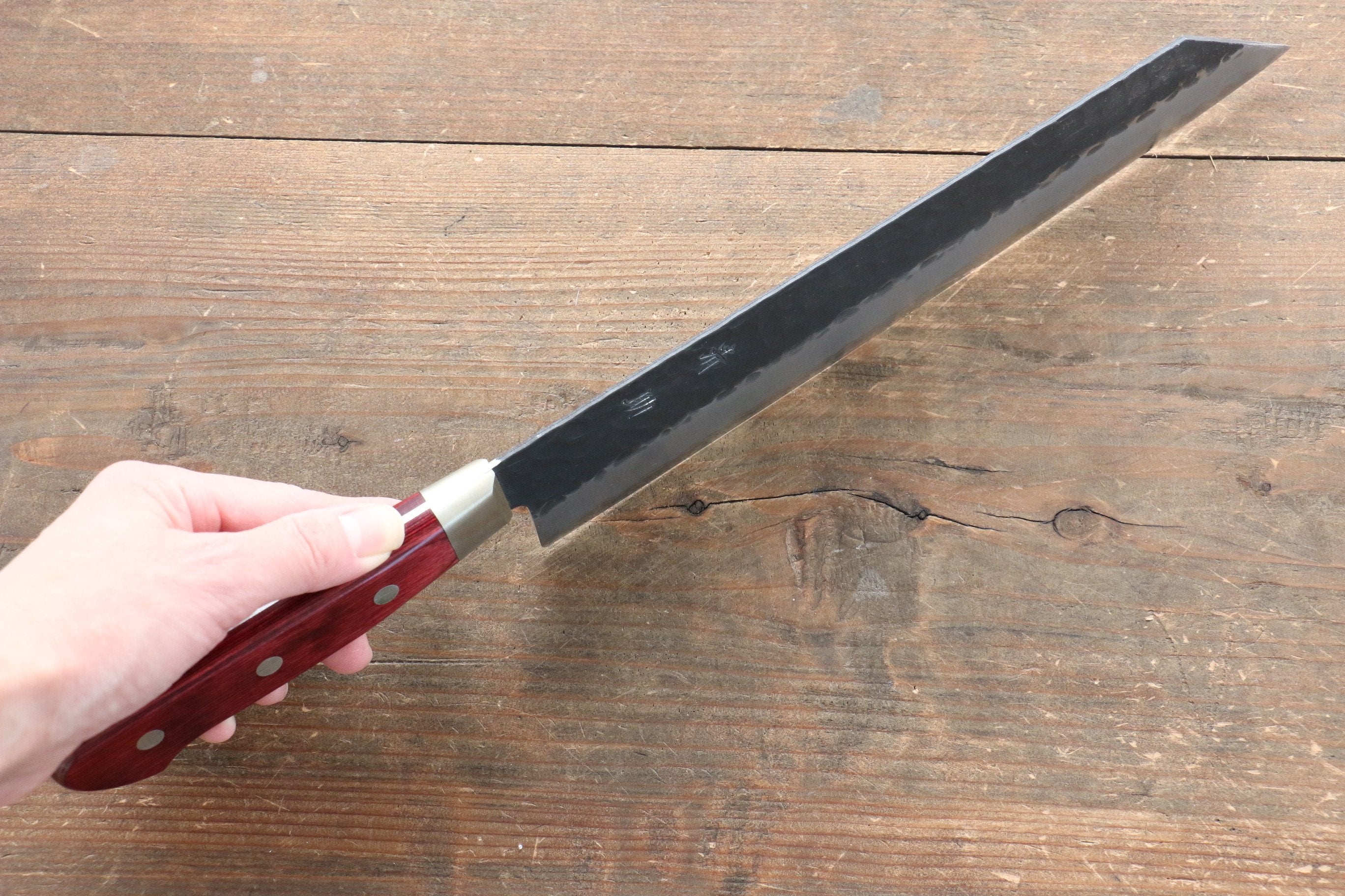 Seisuke Kurobeni Blue Super Hammered Kurouchi Kiritsuke Gyuto 240mm Red Pakka wood Handle - Seisuke Knife