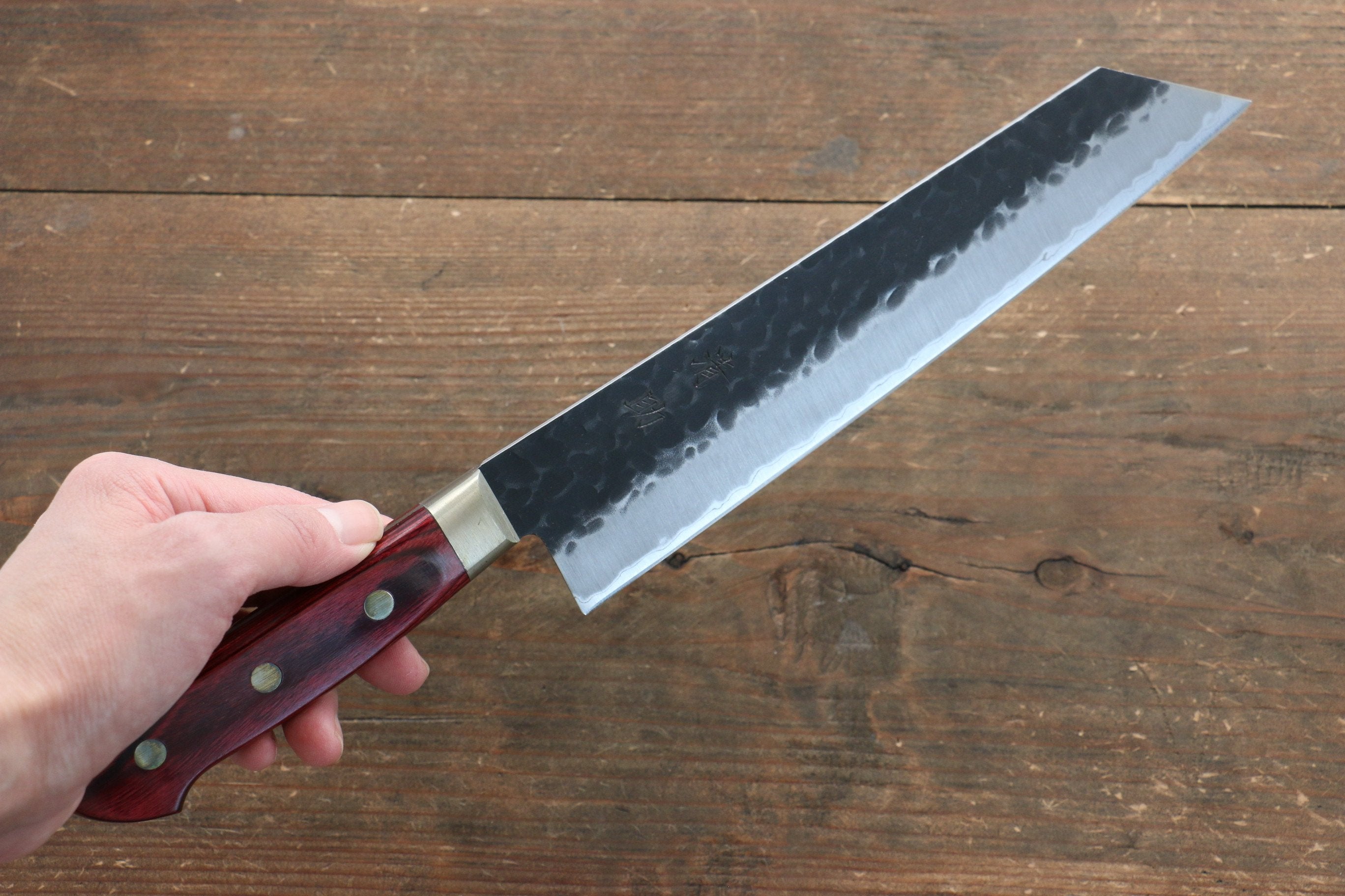 Seisuke Kurobeni Blue Super Hammered Kurouchi Kiritsuke Gyuto 210mm Red Pakka wood Handle - Seisuke Knife