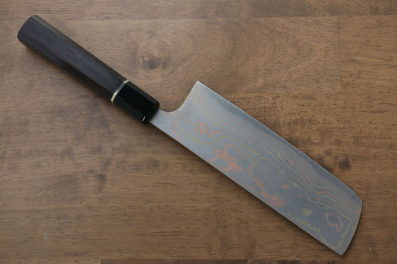 Takeshi Saji Blue Steel No.2 Colored Damascus Nakiri 165mm Ebony with Ring Handle - Seisuke Knife
