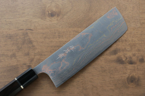Takeshi Saji Blue Steel No.2 Colored Damascus Nakiri 165mm Ebony with Ring Handle - Seisuke Knife