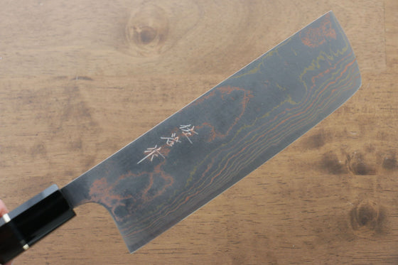 Takeshi Saji Blue Steel No.2 Colored Damascus Nakiri 165mm Ebony with Ring Handle - Seisuke Knife