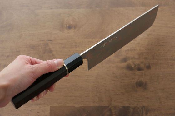 Takeshi Saji Blue Steel No.2 Colored Damascus Nakiri 165mm Ebony with Ring Handle - Seisuke Knife