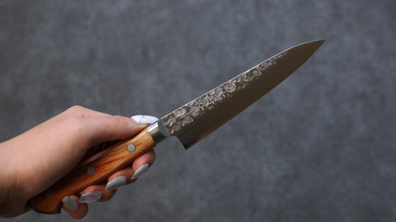 Takamura Knives Chromax Steel Hammered Petty-Utility 130mm Brown Pakka wood Handle - Seisuke Knife