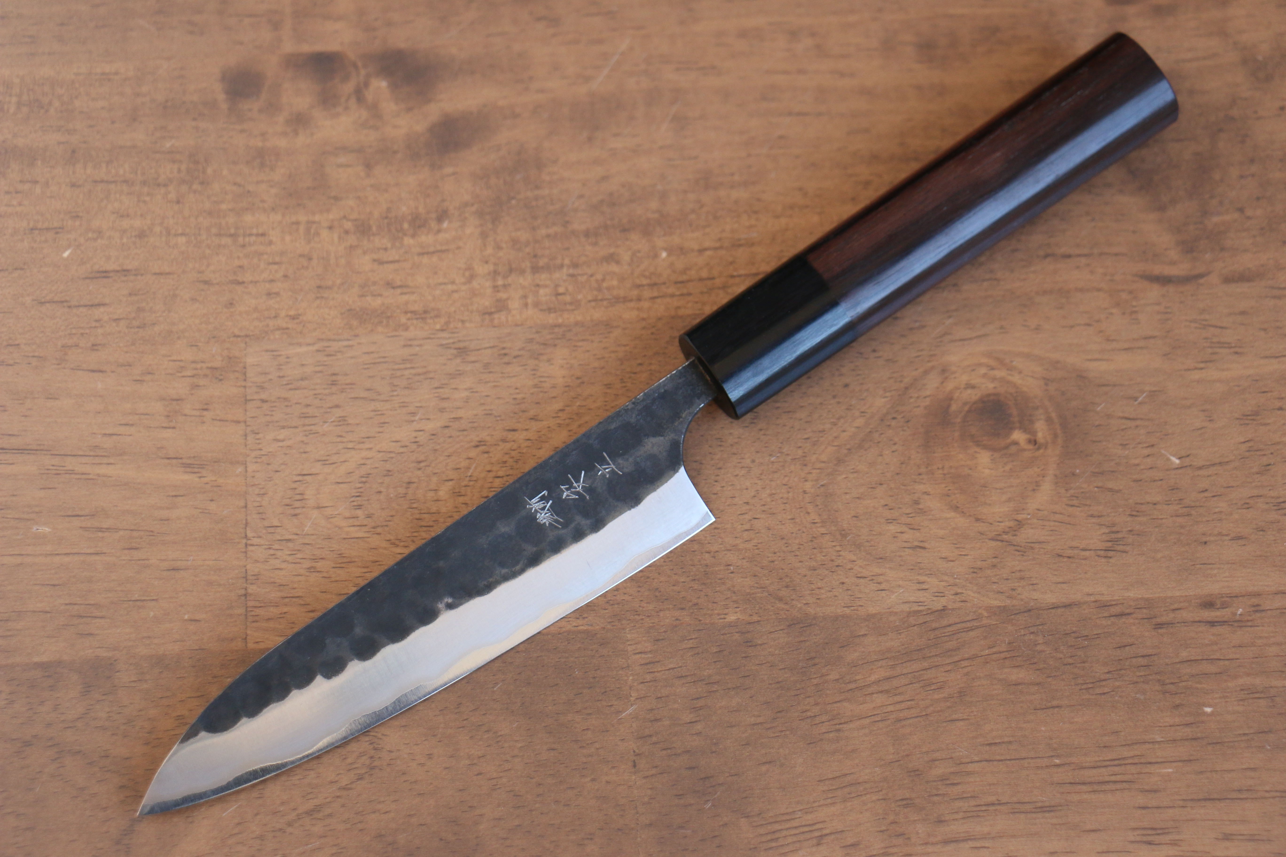 Anryu Blue Super Hammered Black Finished Petty-Utility 130mm Shitan Handle - Seisuke Knife
